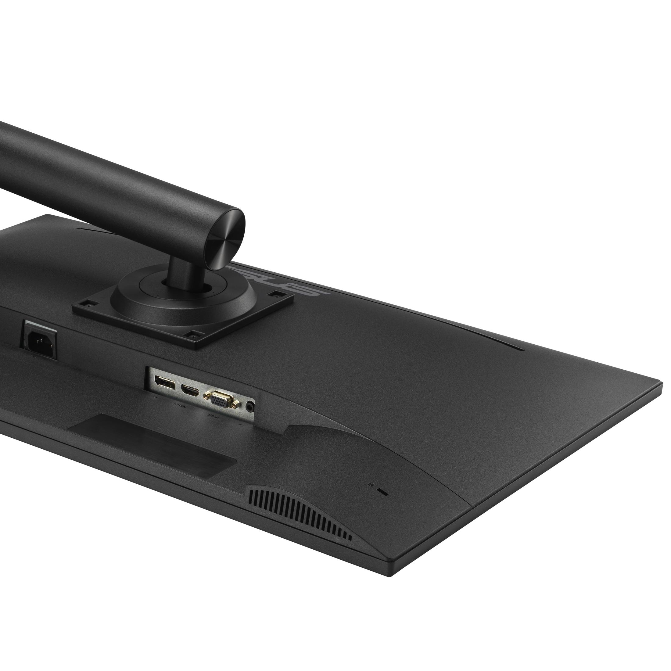 Côté connexion d'un moniteur noir avec ports HDMI, DisplayPort et VGA.