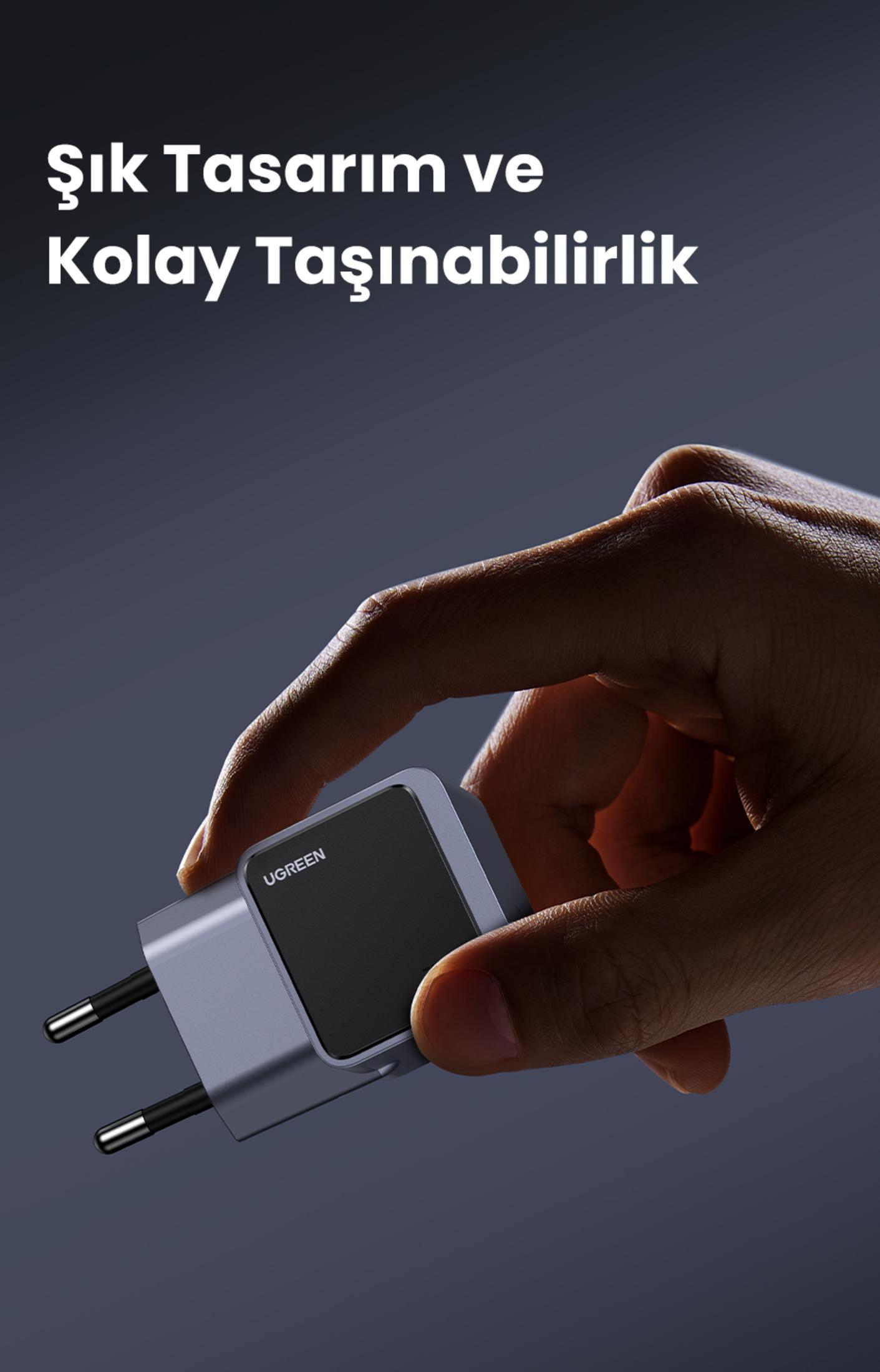 Dłoń trzyma szarą ładowarkę UGREEN z dwoma srebrnymi bolcami.