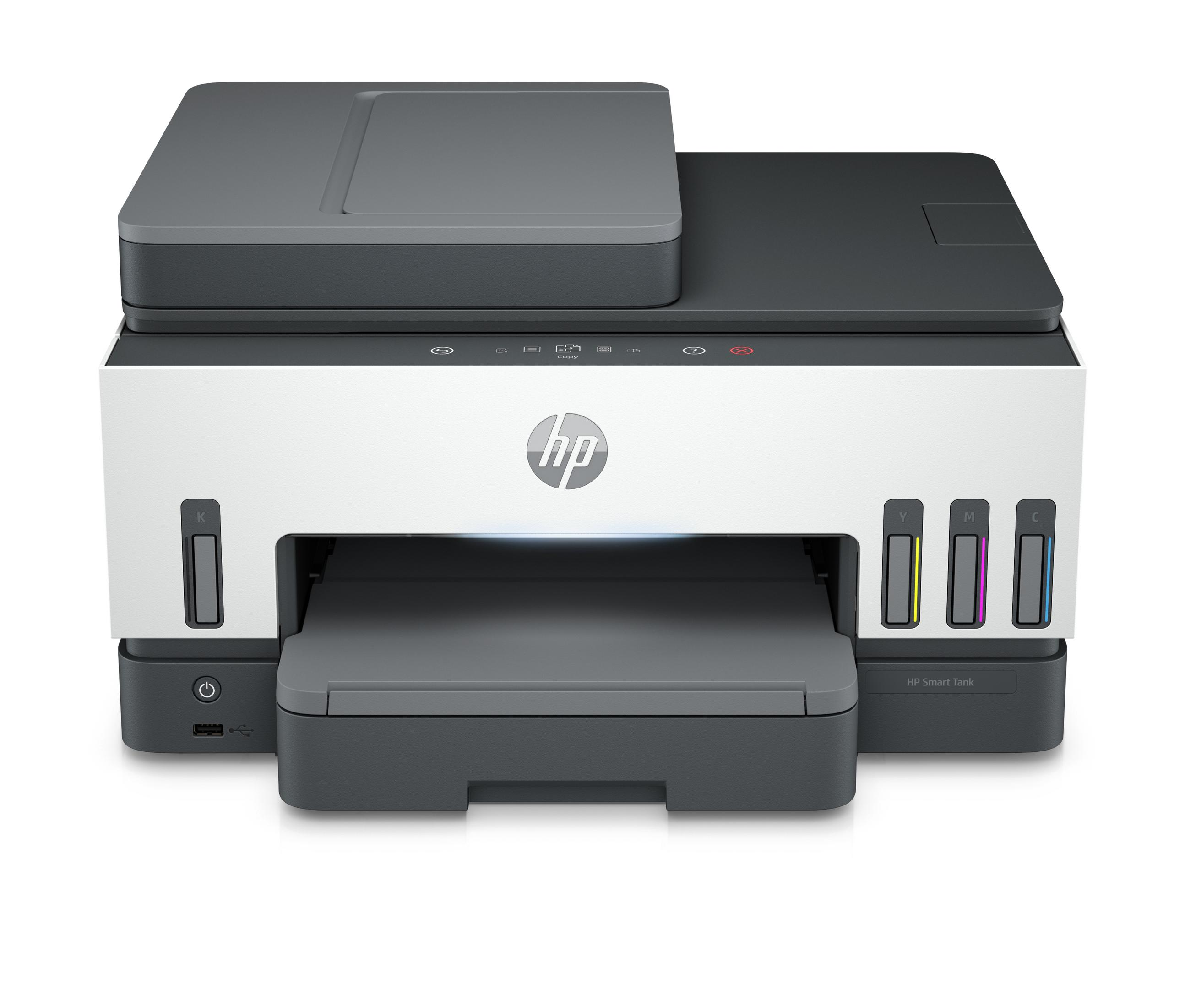 Una stampante HP Smart Tank bianca e nera con serbatoi d'inchiostro.