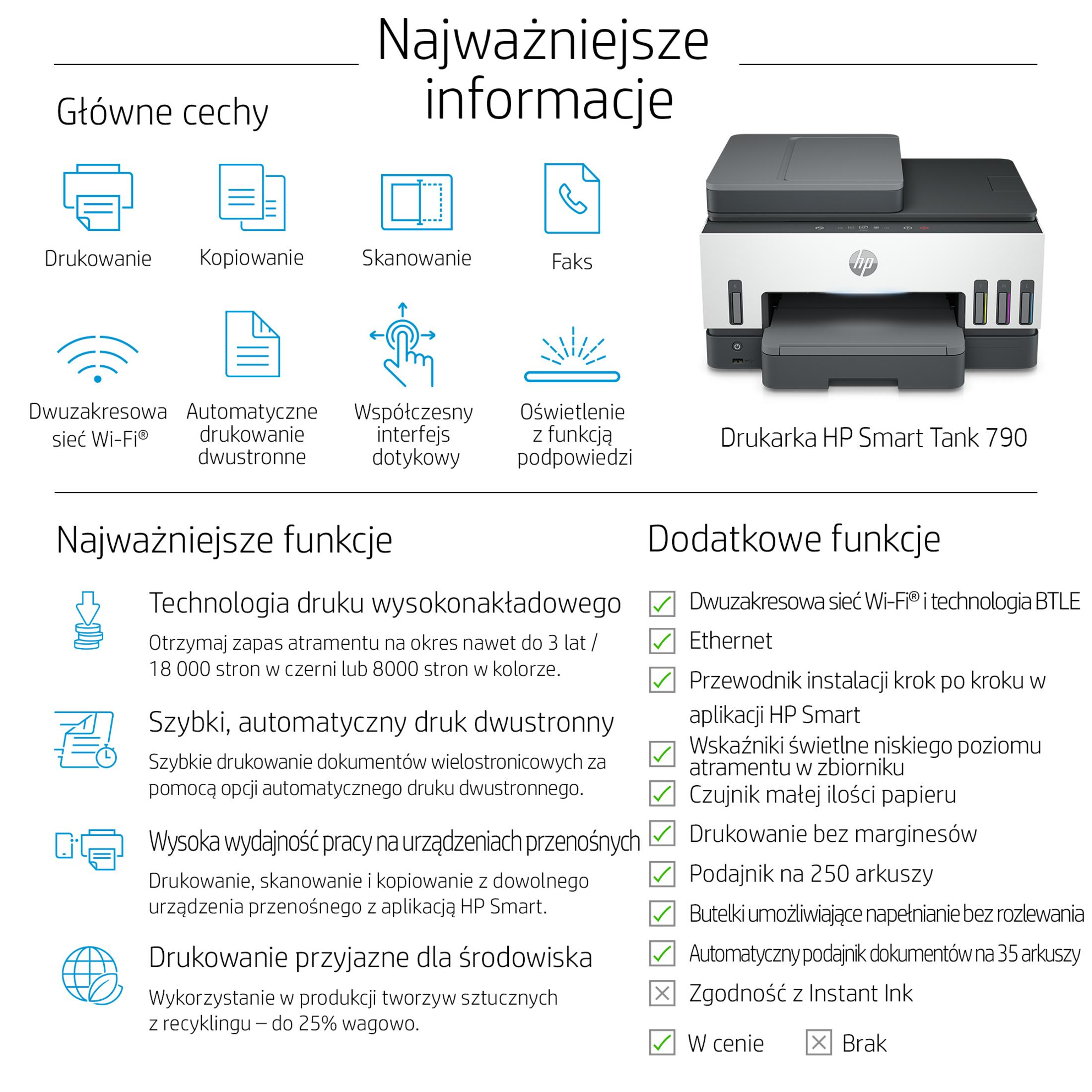 Stampante HP Smart Tank 790 con icone per stampa, copia, scansione, fax e Wi-Fi.