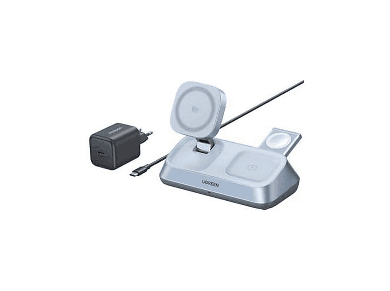 UGREEN 55677 MagFlow 3'ü 1 Arada Qi2 25W MagSafe Manyetik Kablosuz Şarj Standı Gri