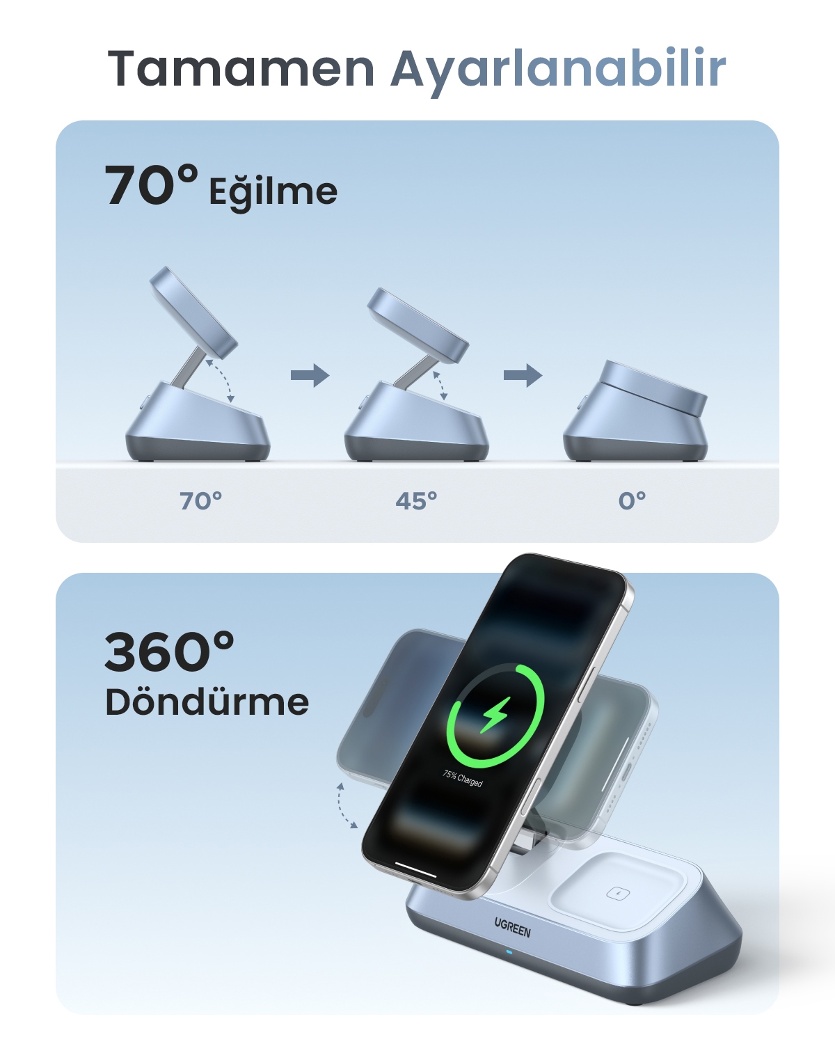 Srebrna podstawka ładująca z iPhonem pochylonym o 70°, 45° i 0°.