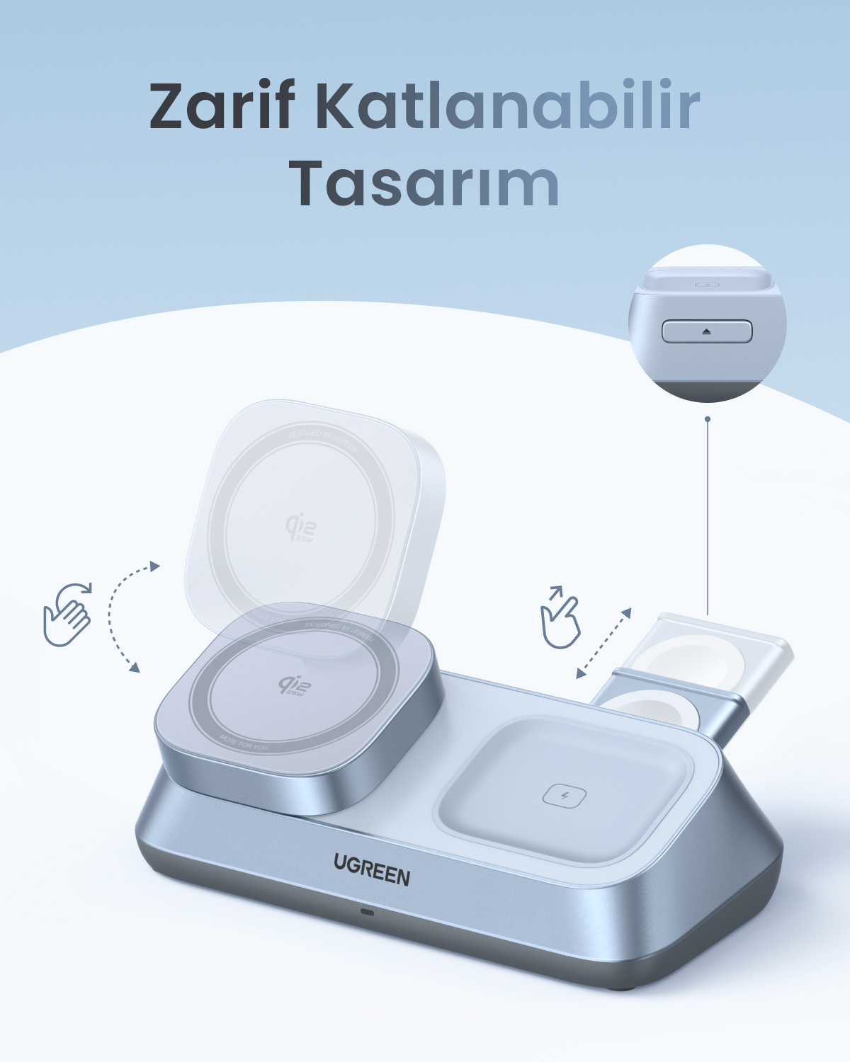 Niebieska podstawka ładująca z trzema miejscami do ładowania telefonu, zegarka i słuchawek.