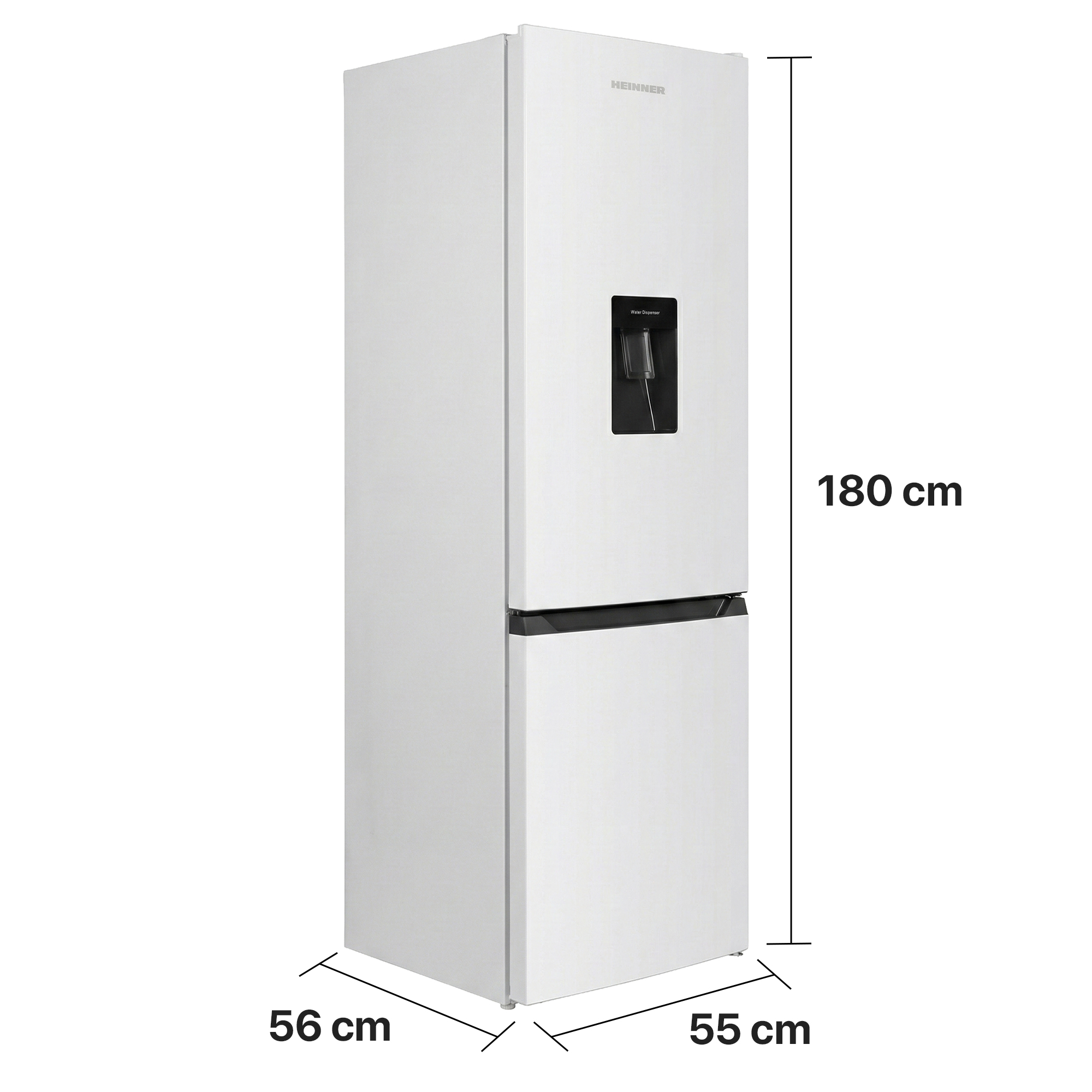 Un réfrigérateur blanc avec distributeur d'eau, 180 cm de haut, 56 cm de large, 55 cm de profondeur.