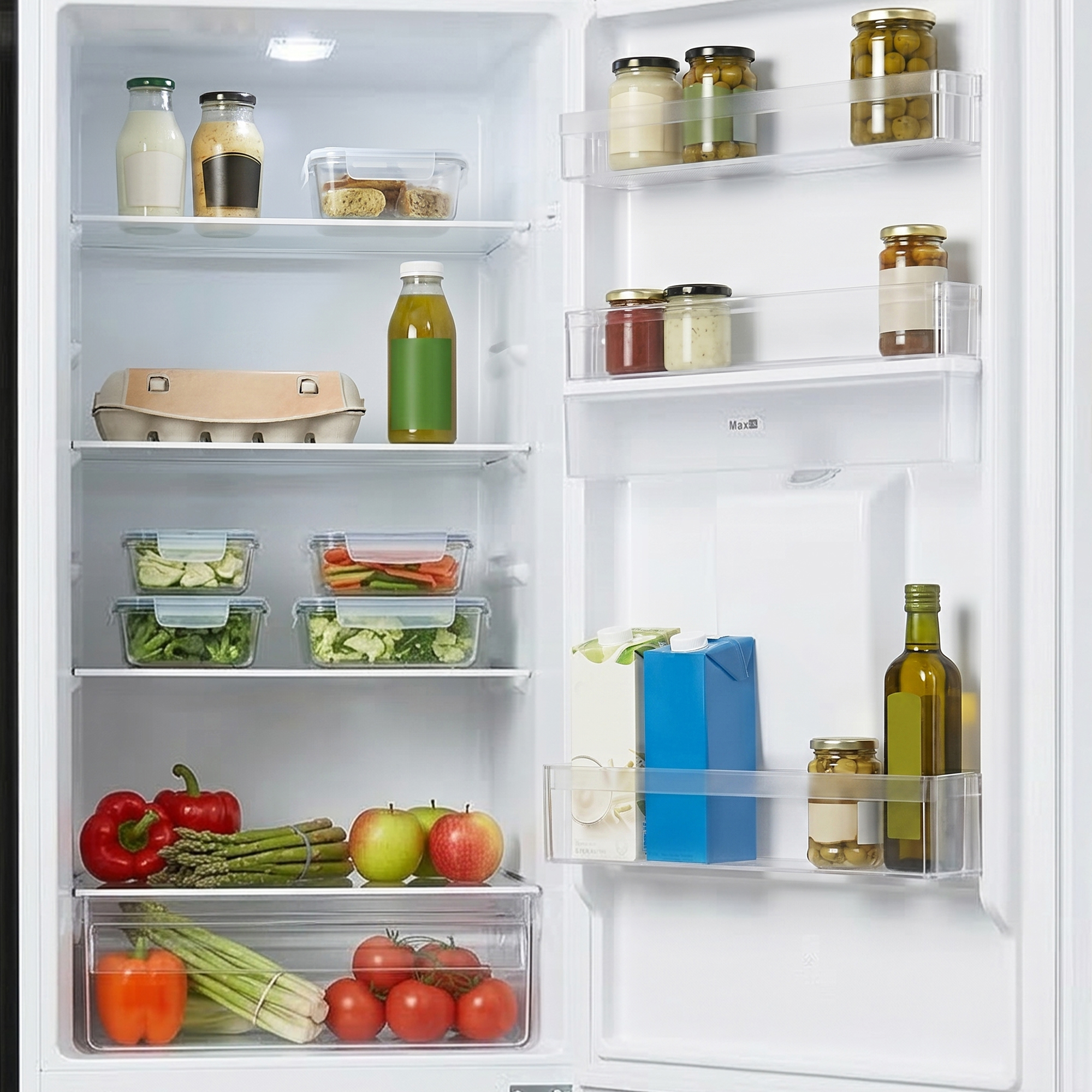 Un réfrigérateur ouvert rempli de nourriture, y compris des légumes, des fruits, des œufs et des boissons.