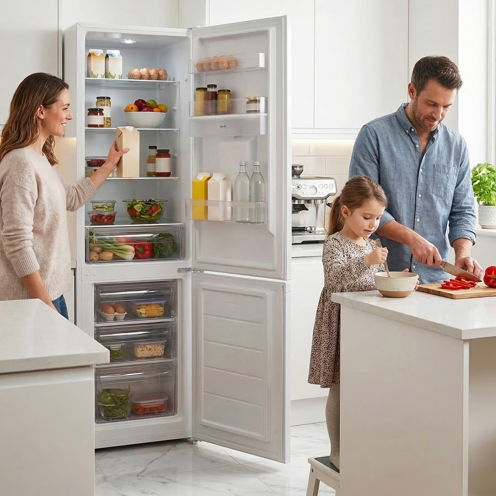 Une famille dans une cuisine. Une femme ouvre le frigo, un homme coupe du poivron, un enfant remue un bol.