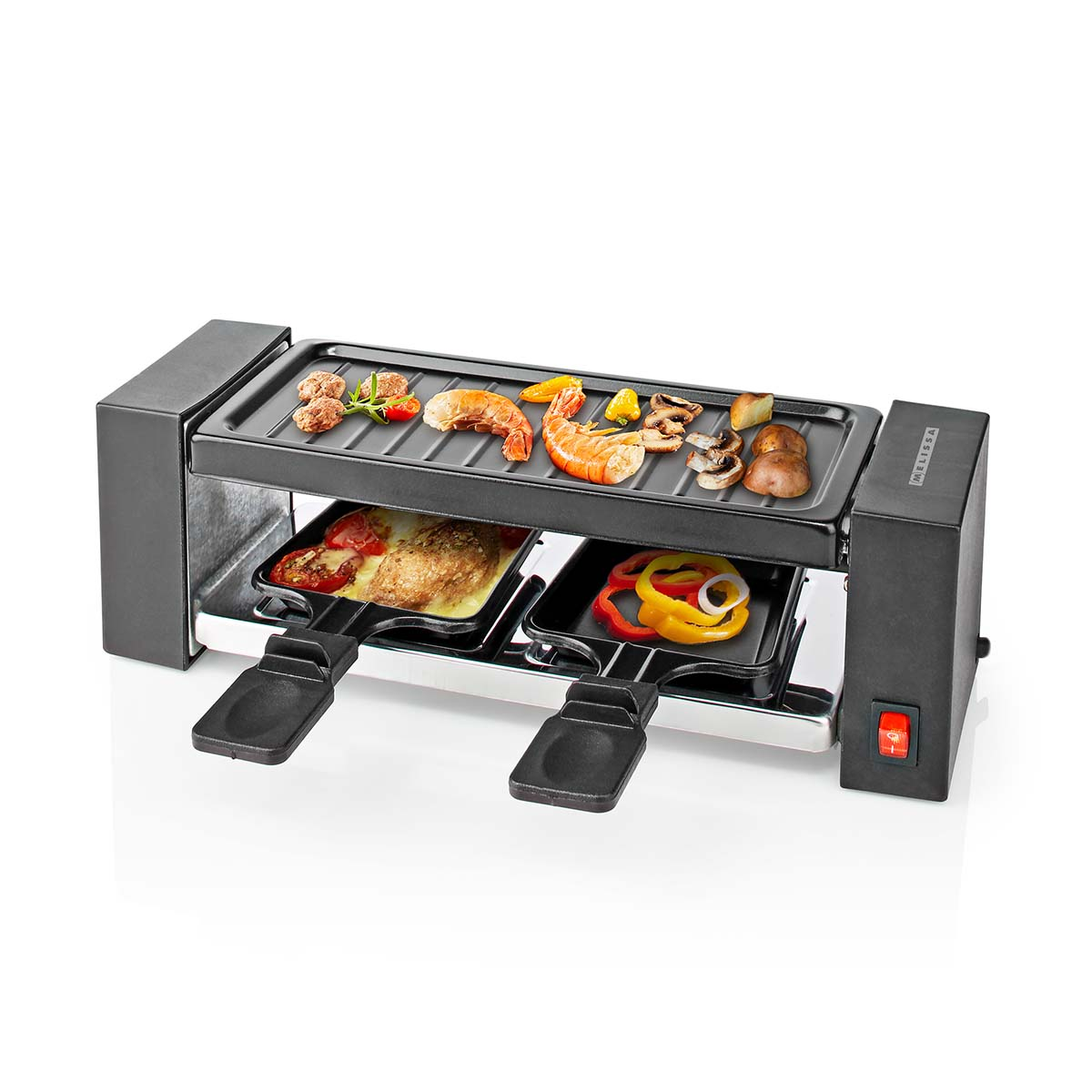 Een zwarte raclette grill met gehaktballetjes, garnalen en groenten bovenop.
