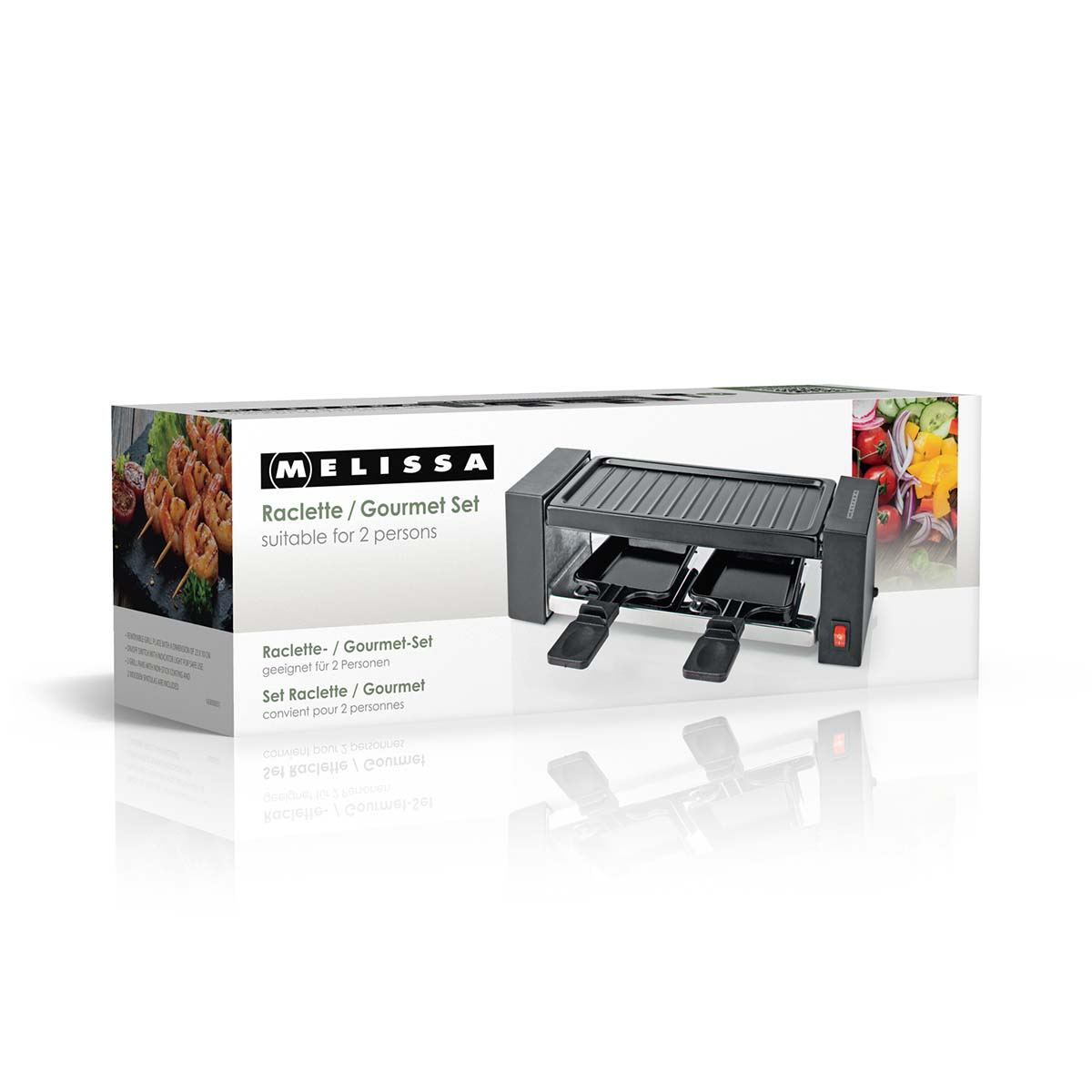 Compacte raclette grill voor 2 personen op verpakking met garnalenspiesjes en groenten.