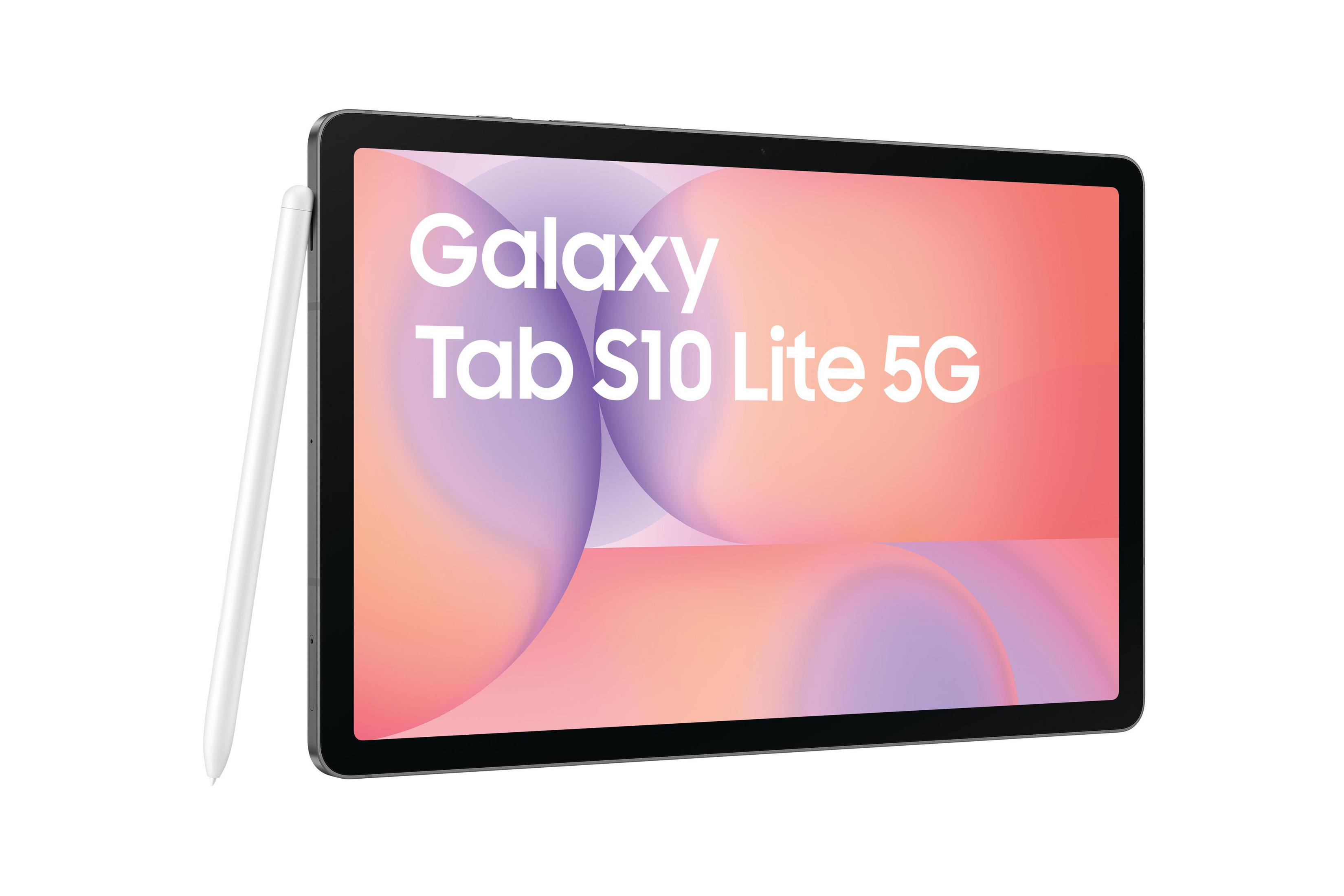 Un stylet argenté repose à côté d'une tablette affichant « Galaxy Tab S10 Lite 5G ».