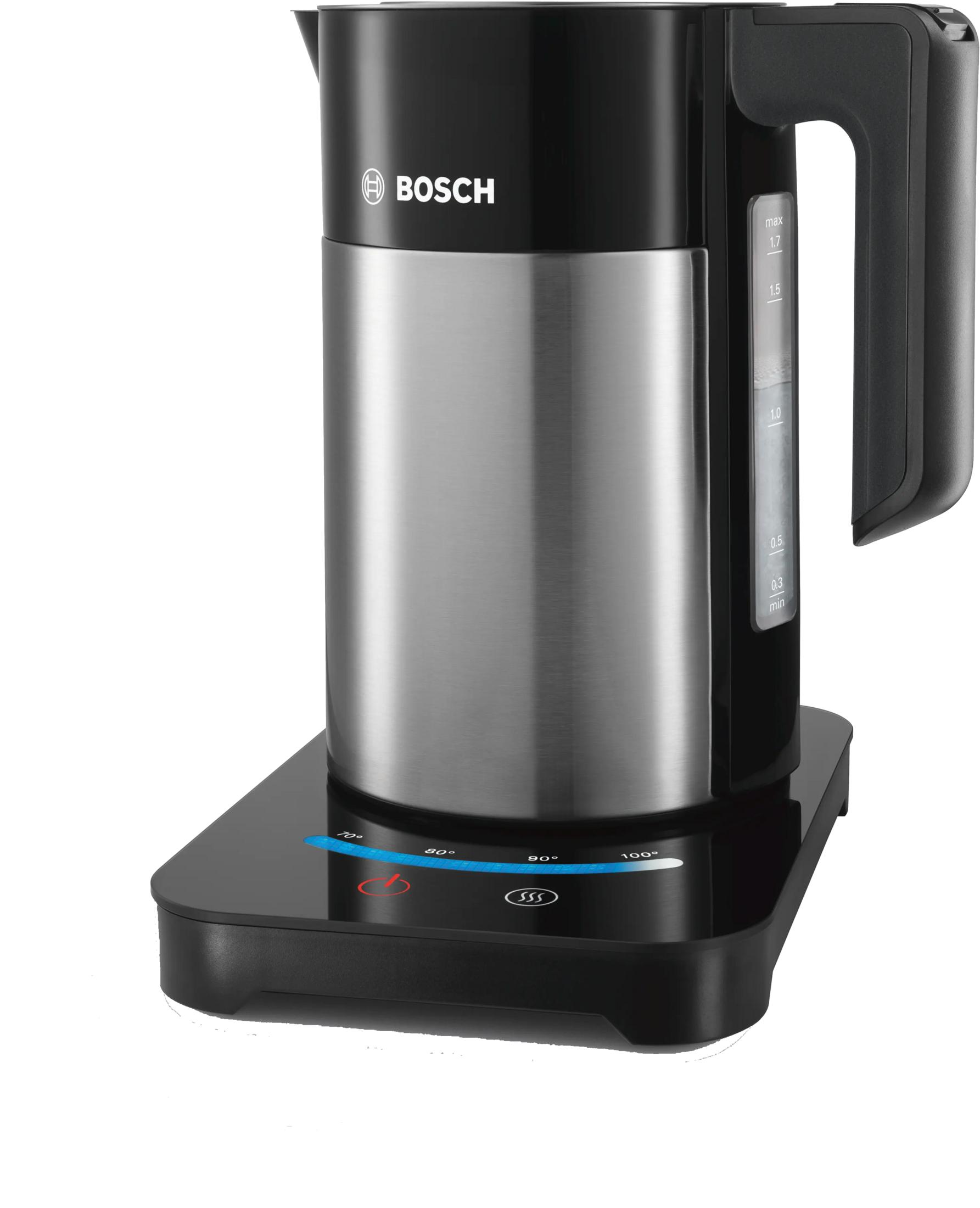 Un bollitore Bosch nero e argento con controllo della temperatura su una base nera.