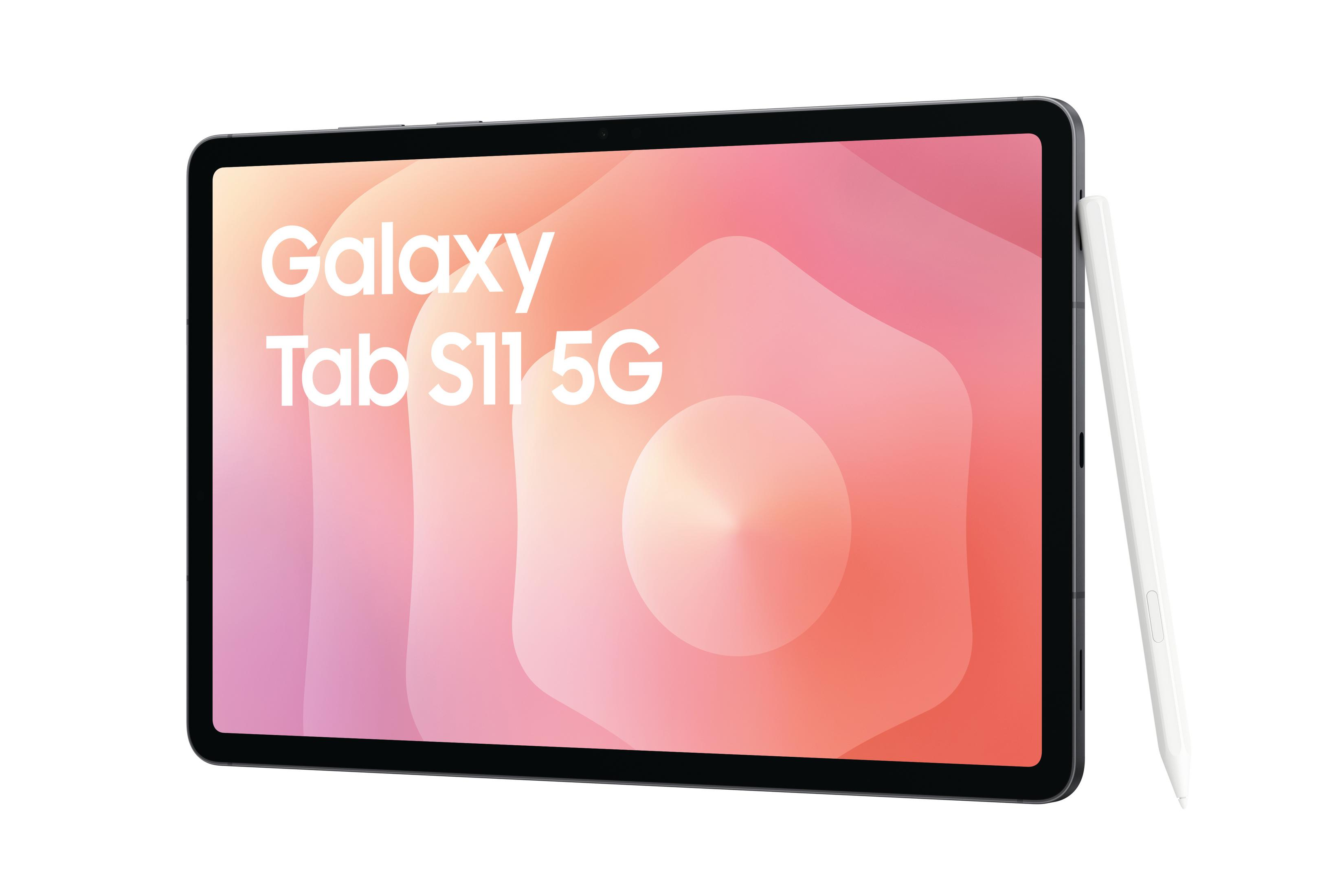 Une Galaxy Tab S11 5G avec un stylet blanc sur son côté droit.