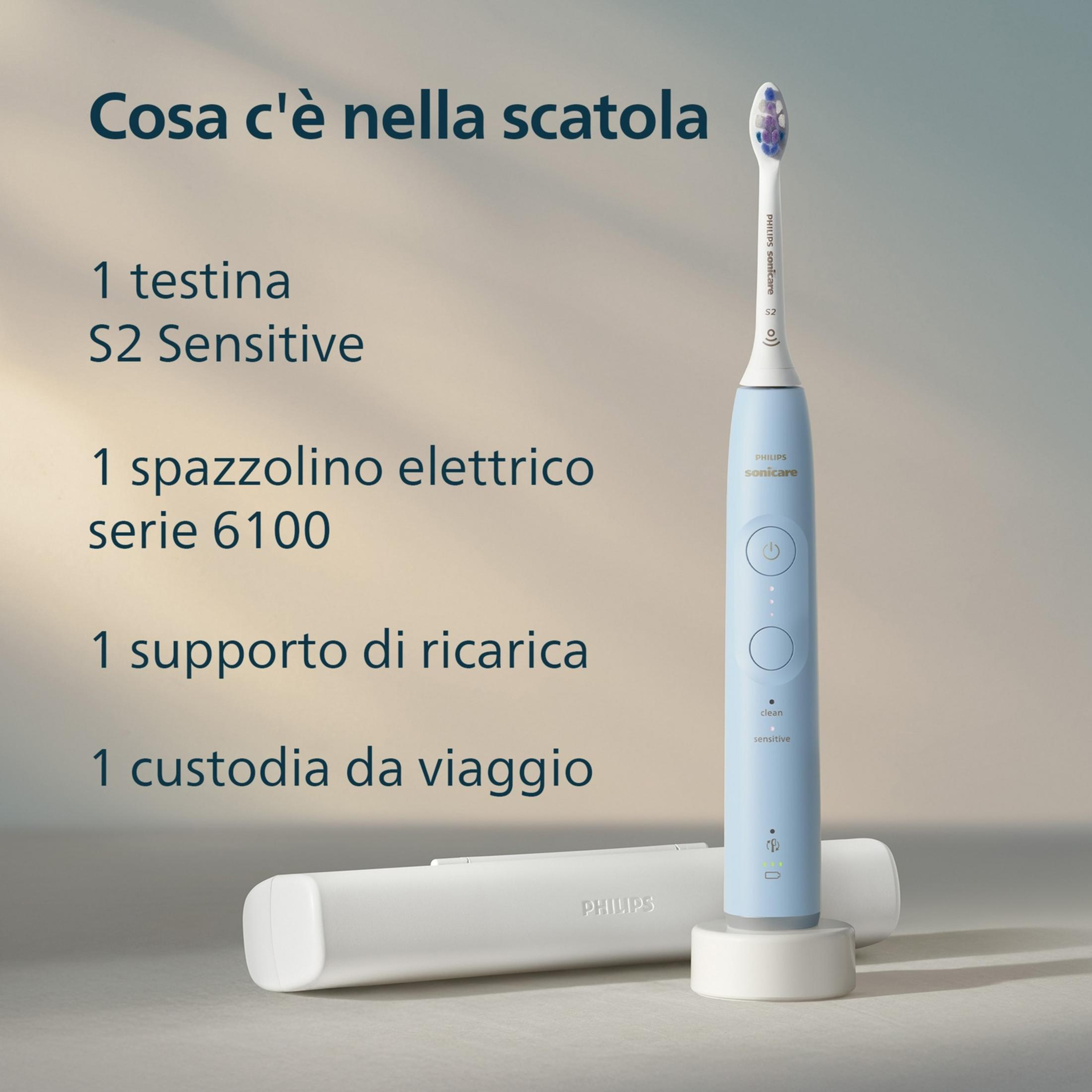 Ein blaues Philips Sonicare Elektrozahnbürsten-Set mit Ladestation und Reiseetui.