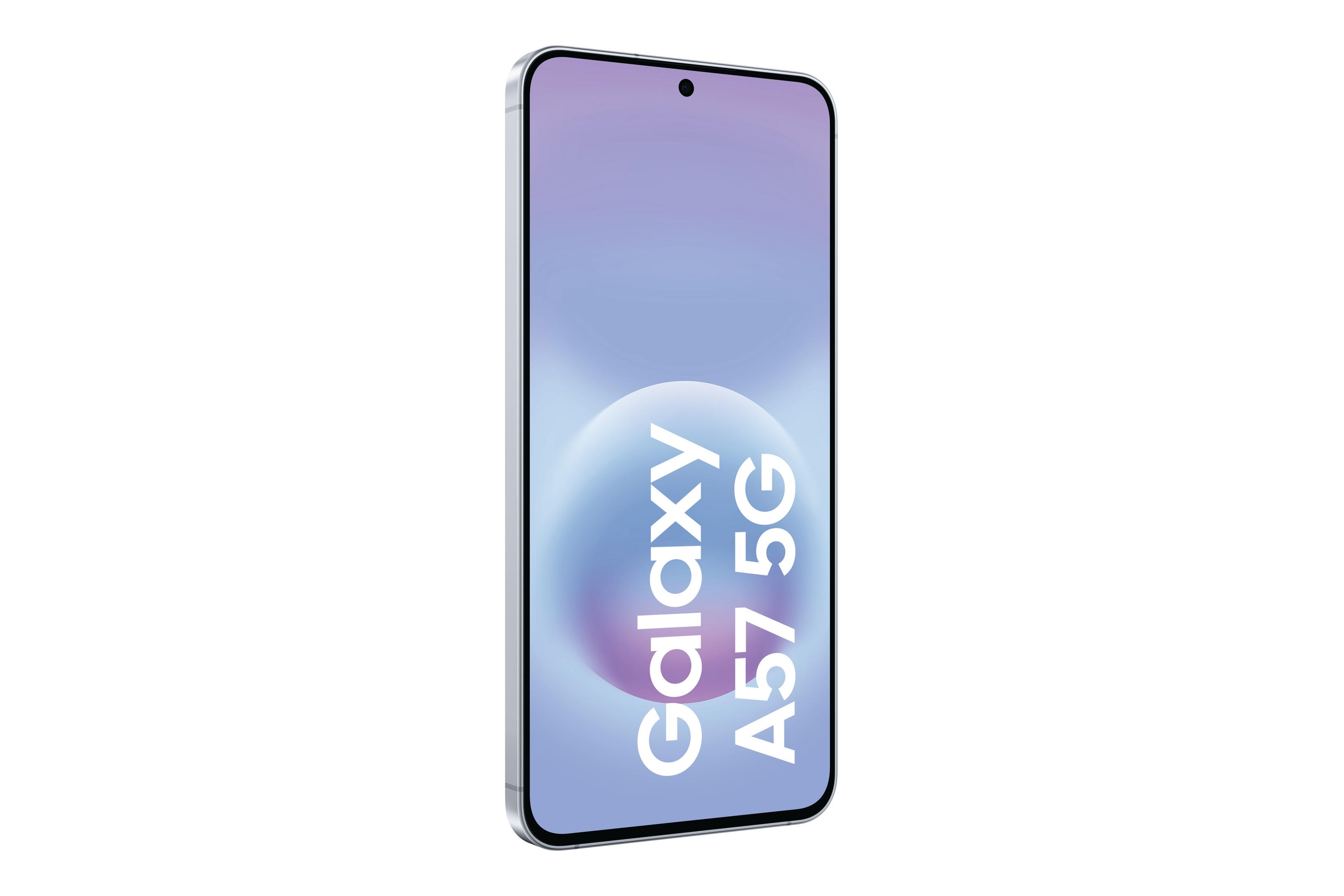 Ein silbernes Smartphone mit einem violetten Bildschirm, das 