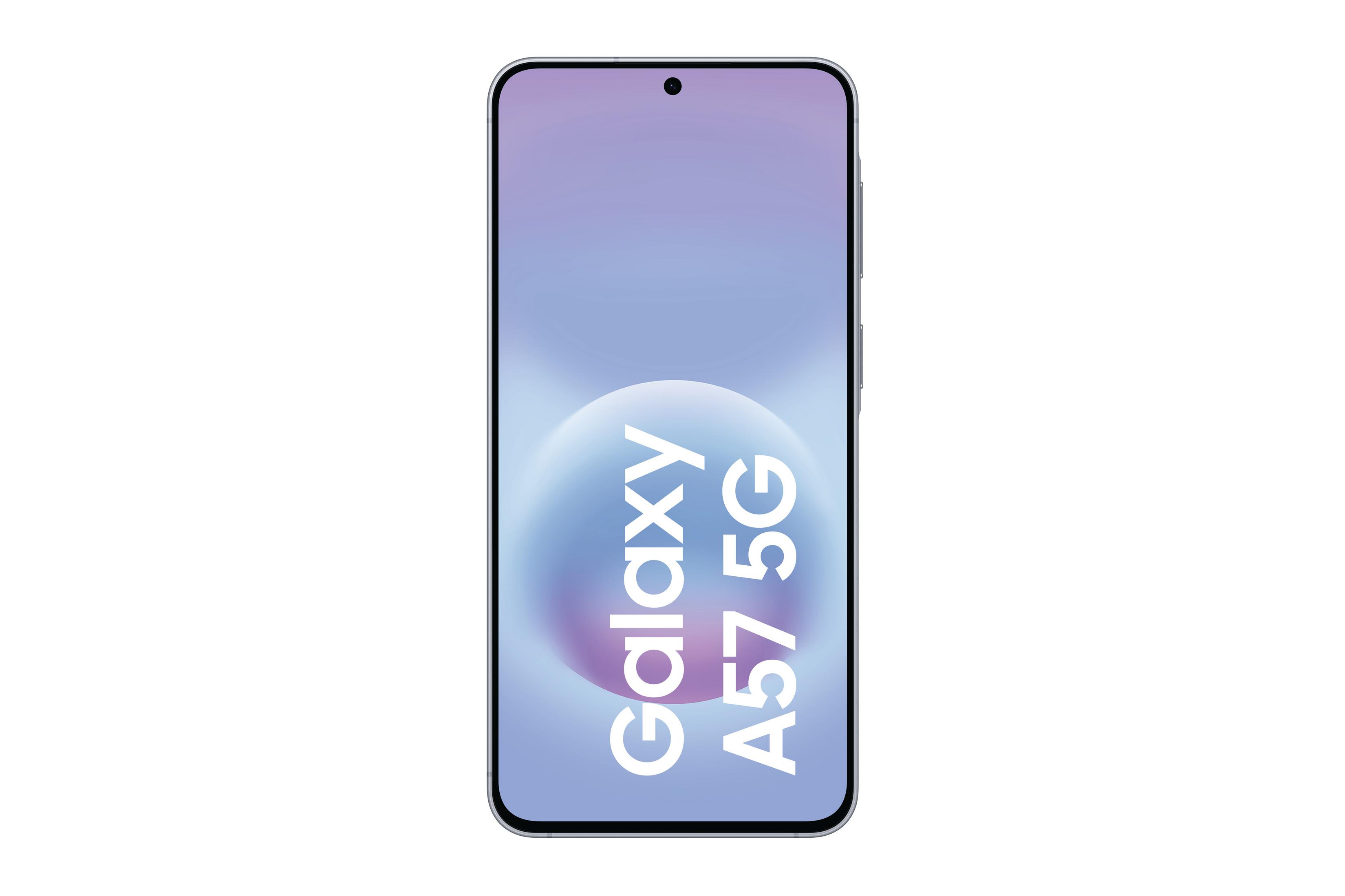 Ein Samsung Galaxy A57 5G Smartphone mit einem blauen und lila Hintergrund.