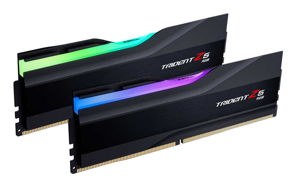 Yeşil ve mor RGB aydınlatmalı iki siyah RAM modülü.