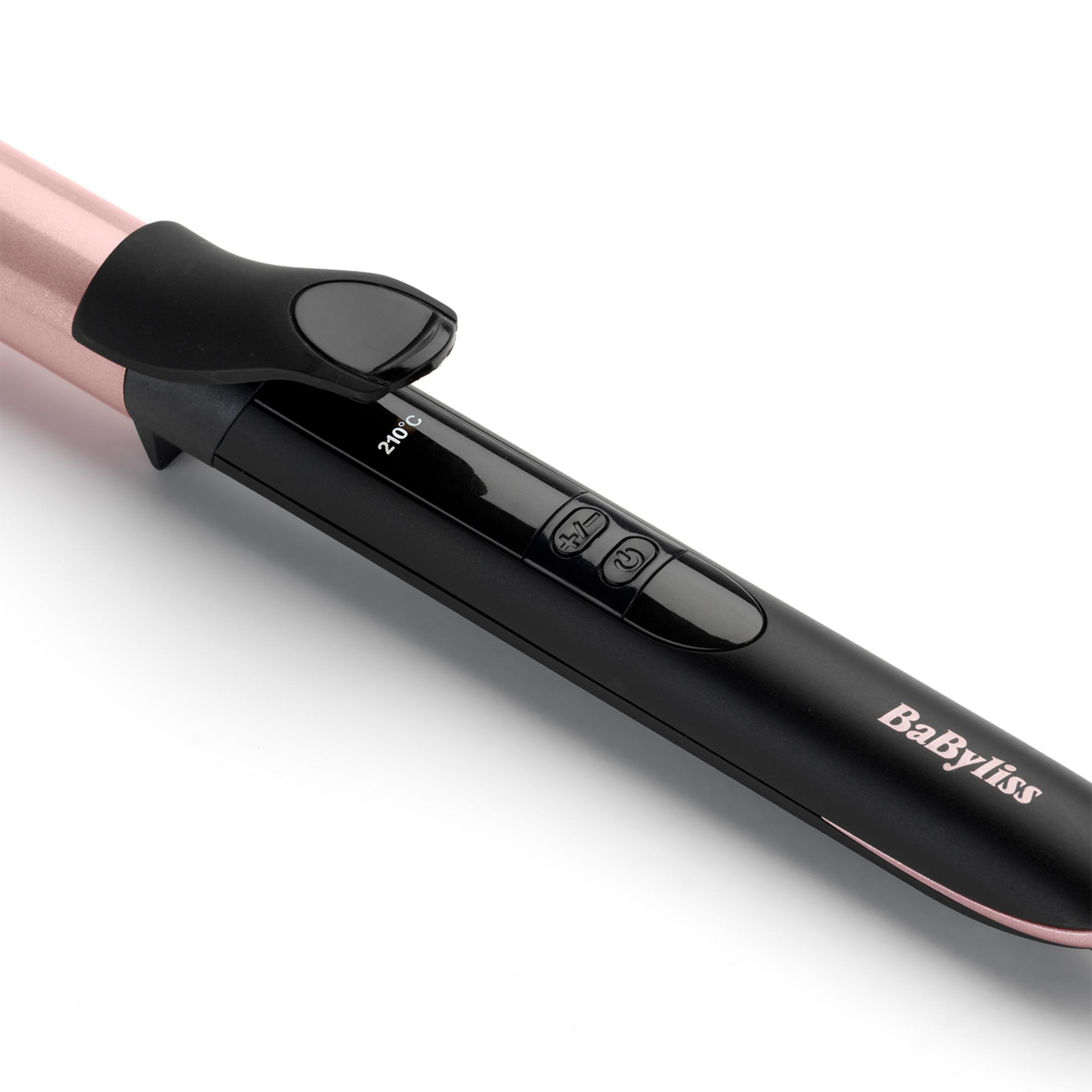 Ein roségoldener Lockenstab mit schwarzen Bedienelementen und Anzeige 210°C.