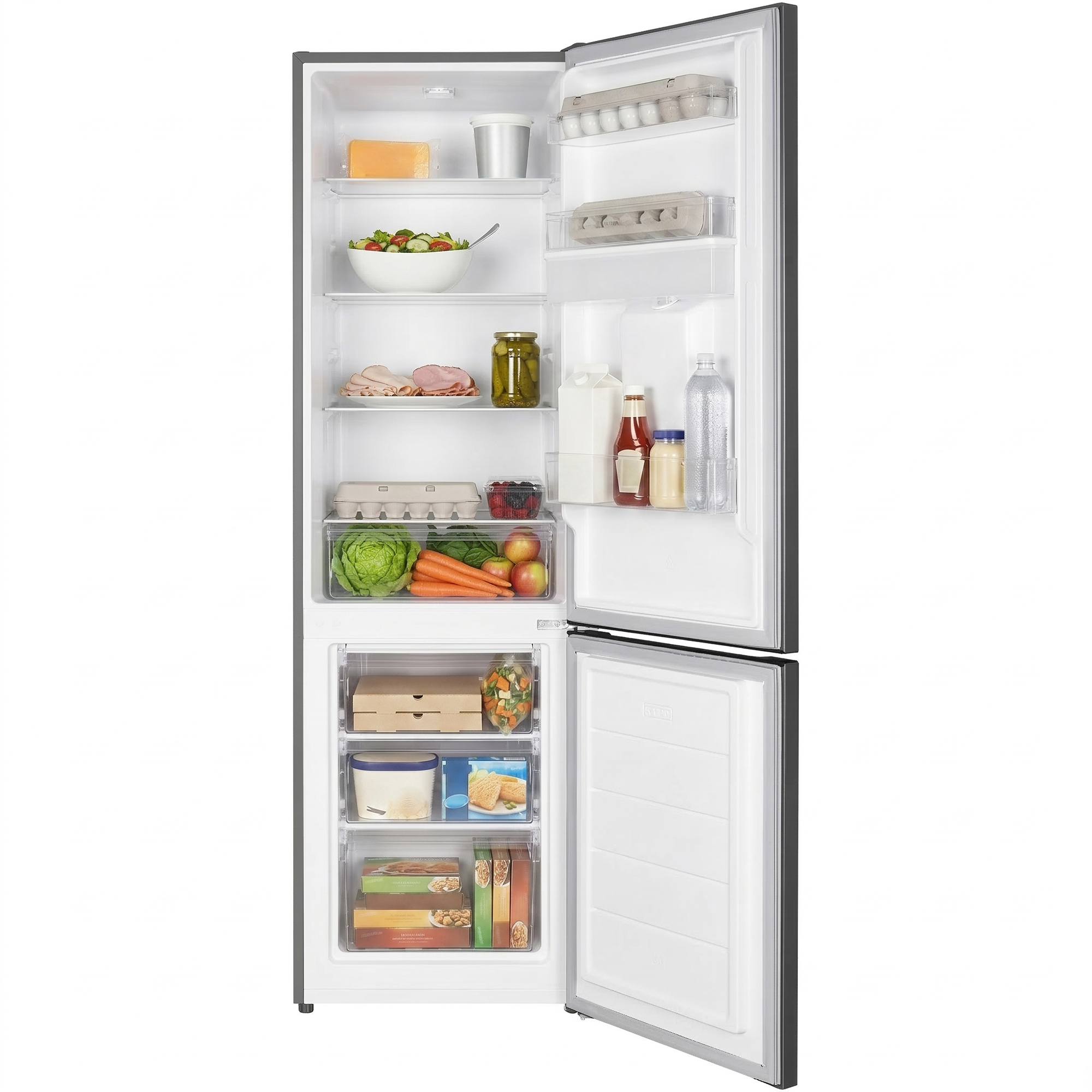 Offener Kühlschrank mit Lebensmitteln: Käse, Salat, Eier, Gemüse, Obst, Fleisch, Gurken, Getränke.