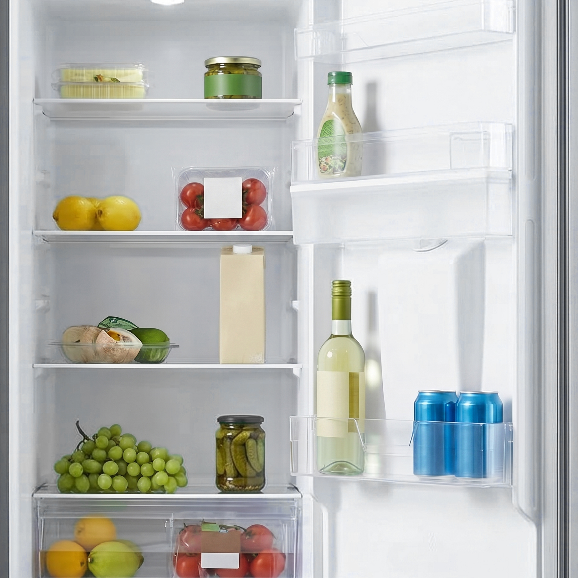 Gefüllter Kühlschrank mit Obst, Gemüse, Getränken und Gläsern.