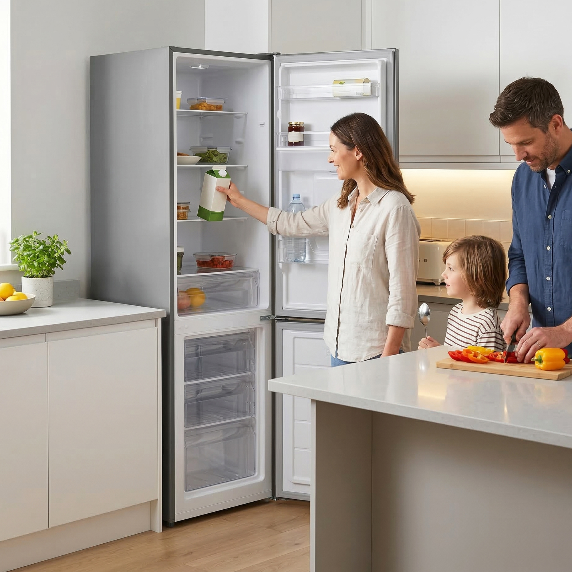 Familie in der Küche: Mutter nimmt Milch aus Kühlschrank, Vater schneidet Paprika.
