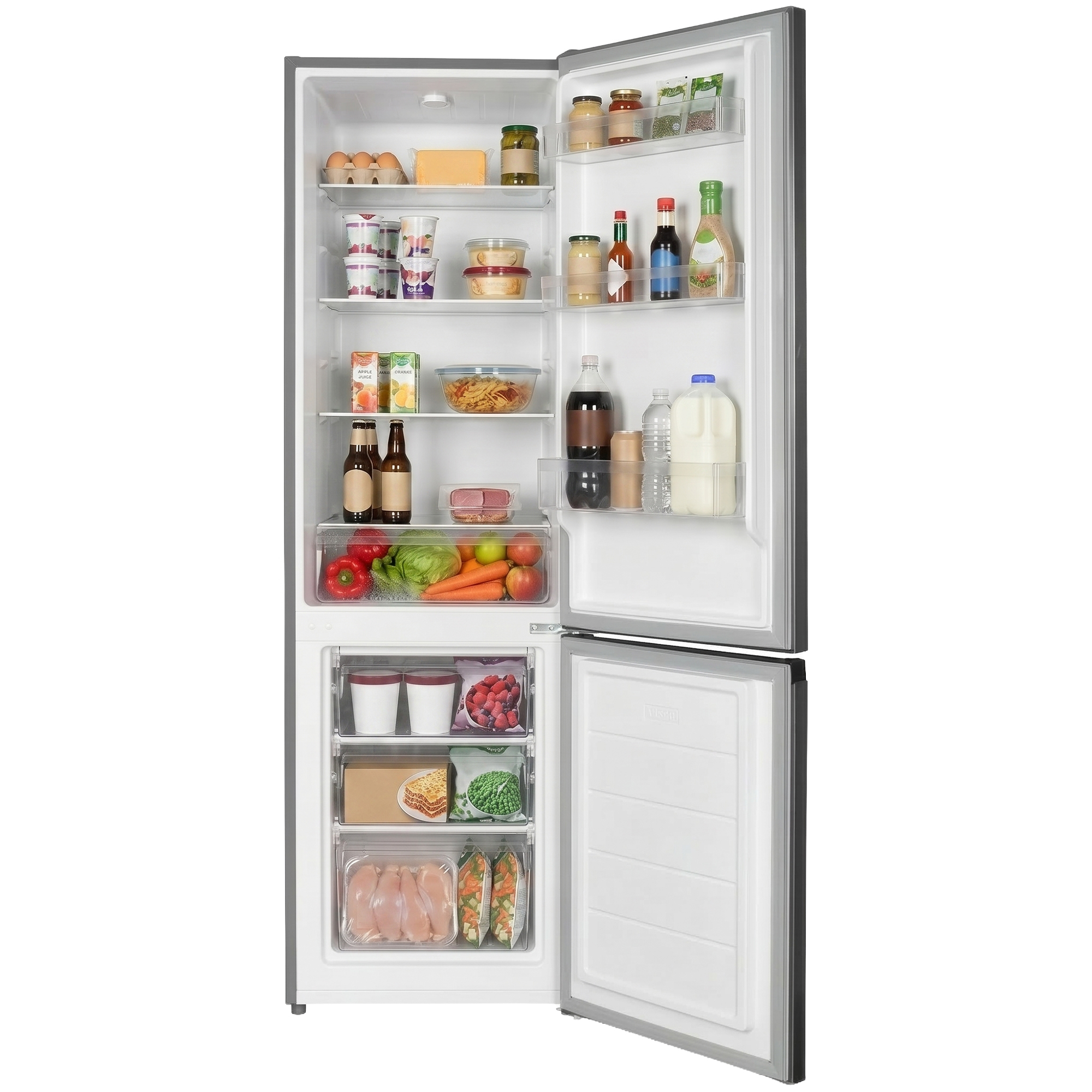 An open refrigerator filled with food items like eggs, yogurt, vegetables, drinks, and meat.