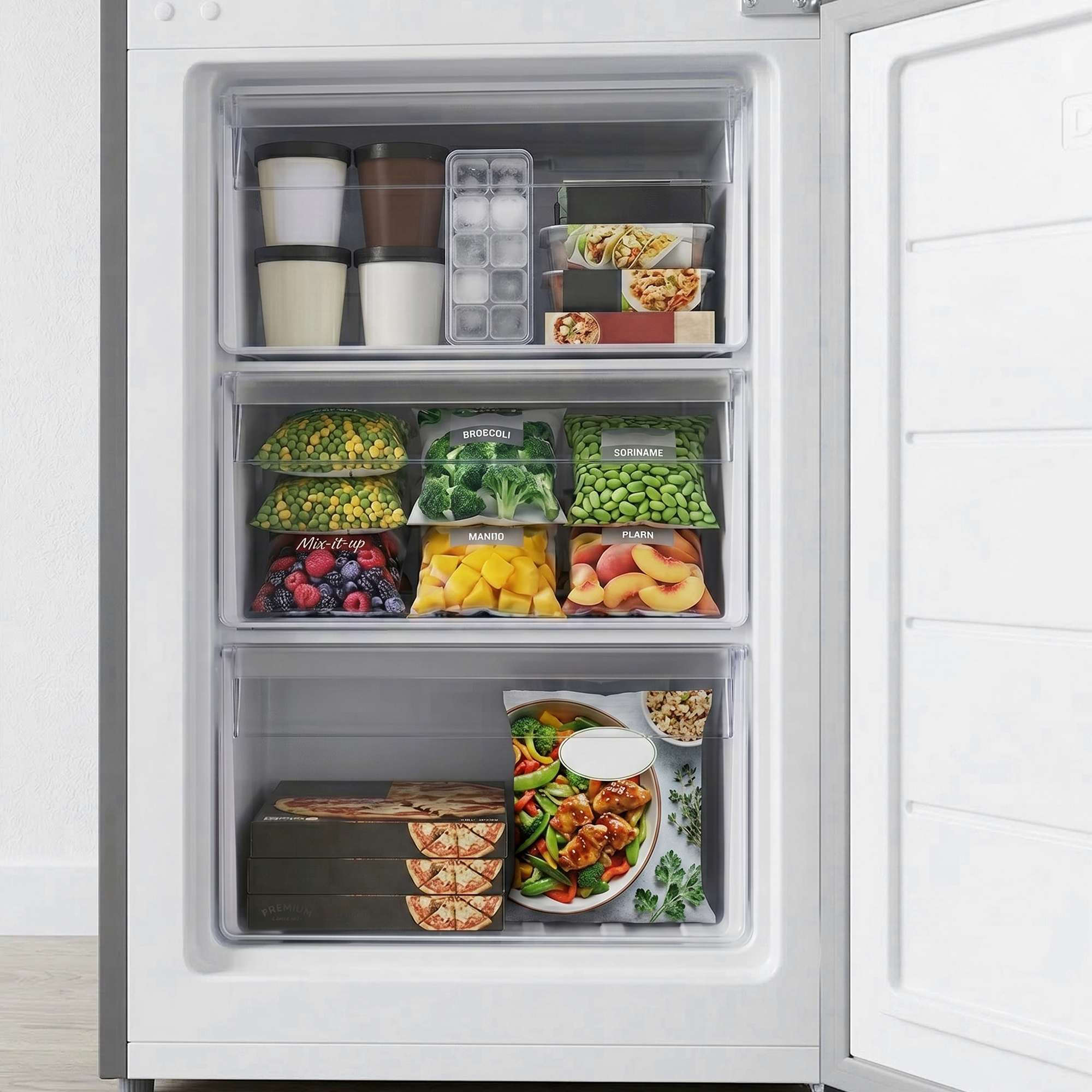 An open freezer with multiple drawers filled with frozen foods like fruit, vegetables, pizzas, and prepared meals.