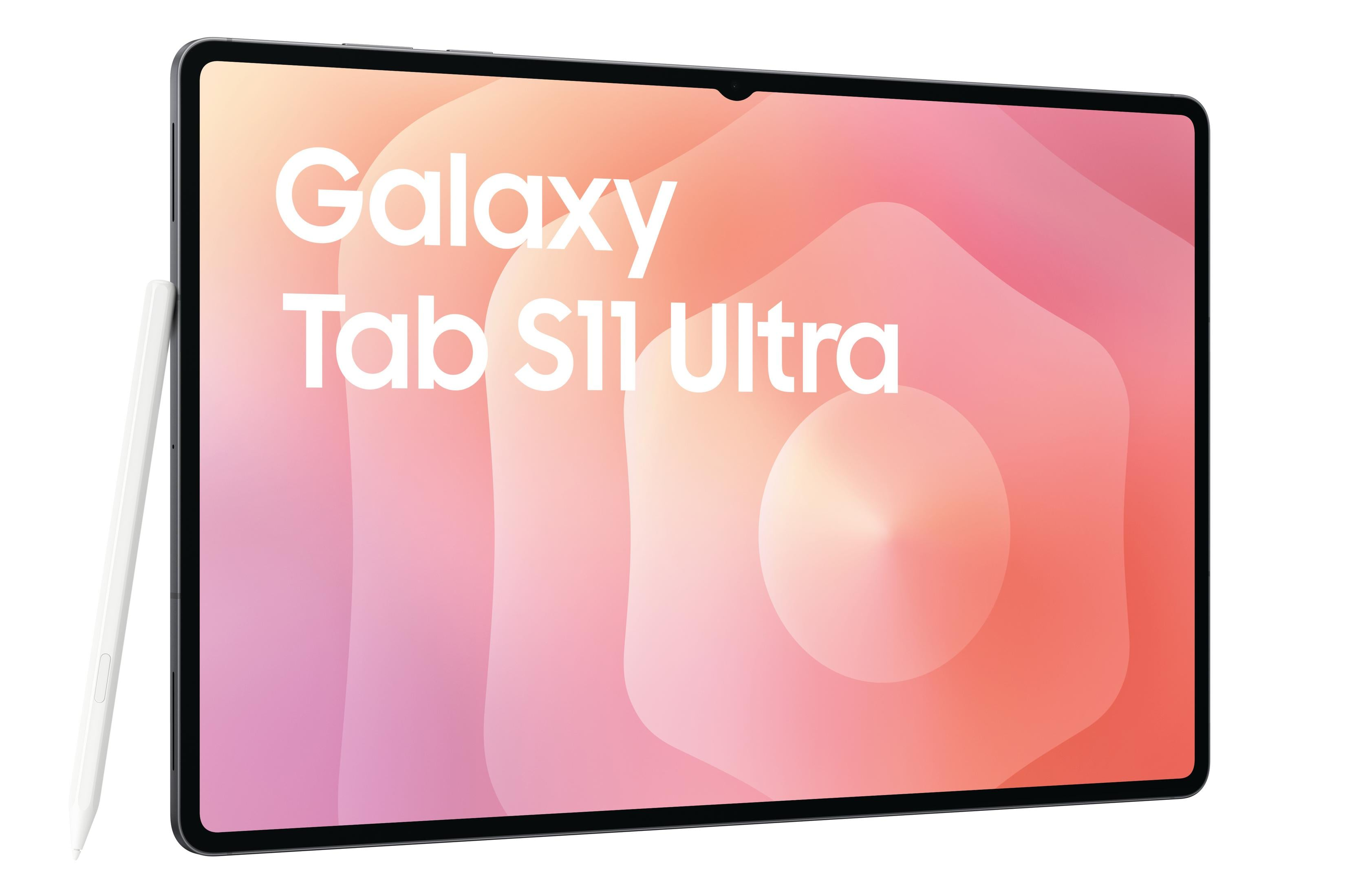 Ein silberner Tablet-Stift liegt neben einem Tablet mit dem Schriftzug "Galaxy Tab S11 Ultra".