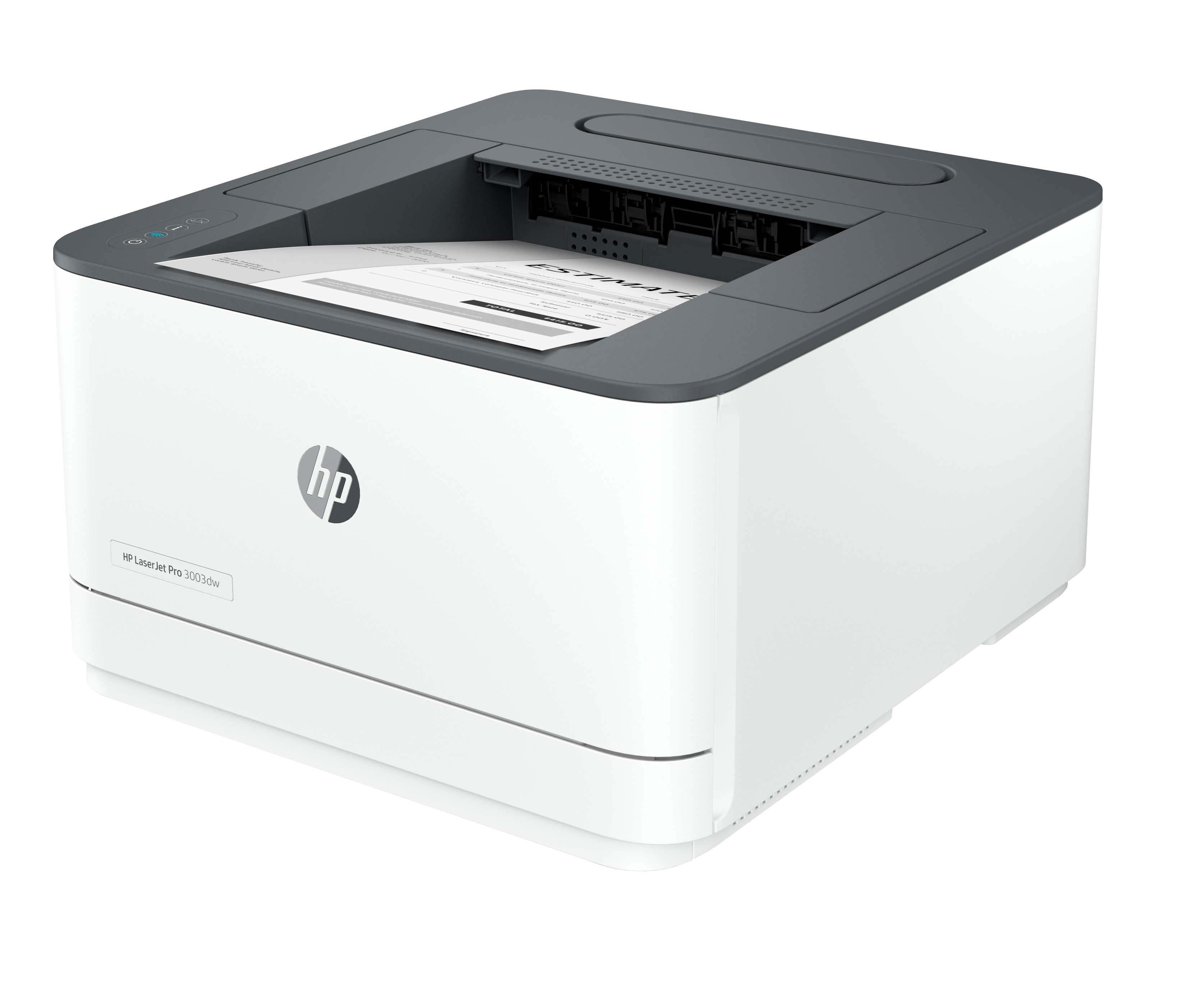 Ein weißer HP Laserjet Pro Drucker mit einem Dokument im Einzug.