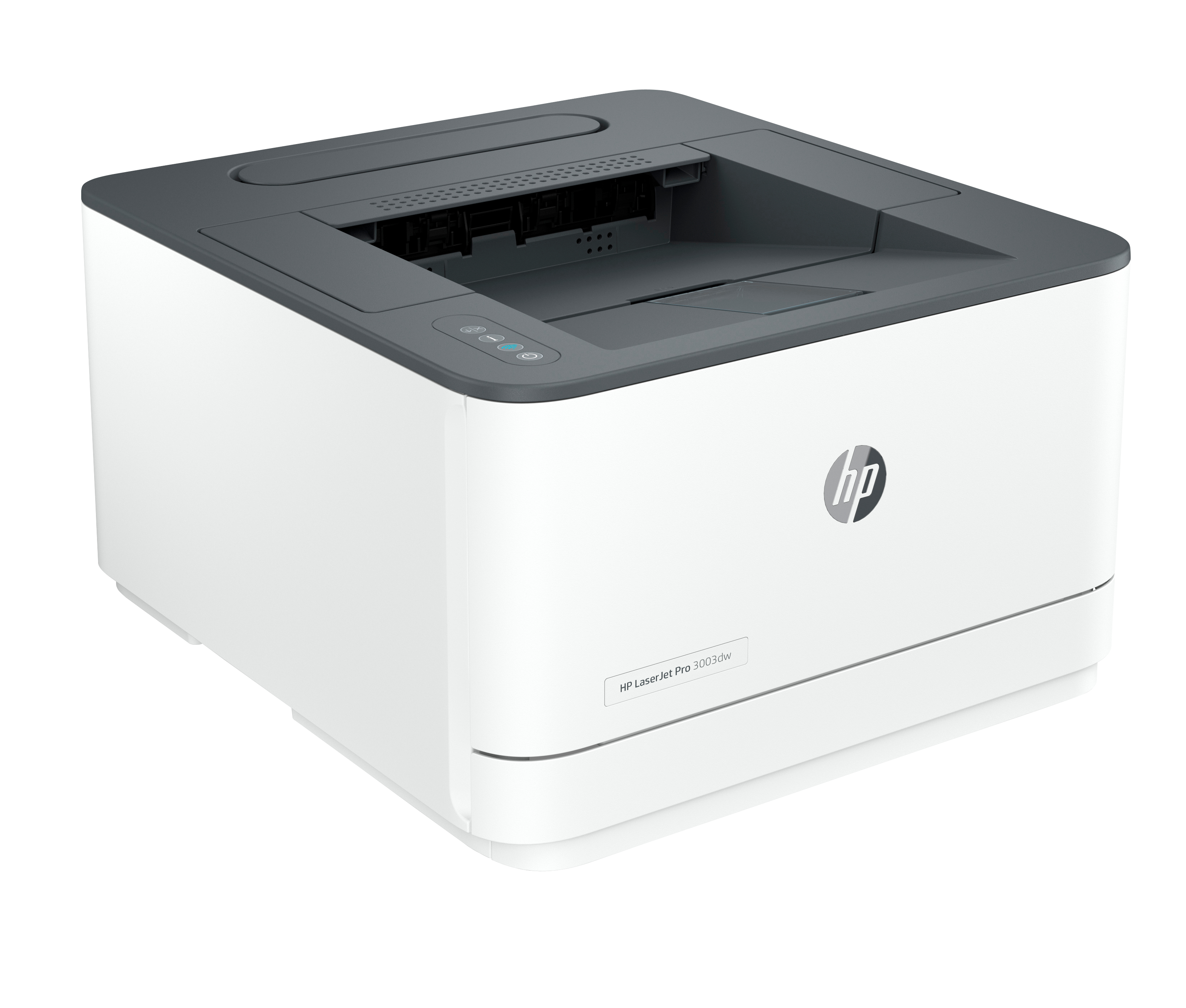 Ein weißer HP LaserJet Pro 3003dw Drucker mit grauer Oberseite und Bedienelementen.