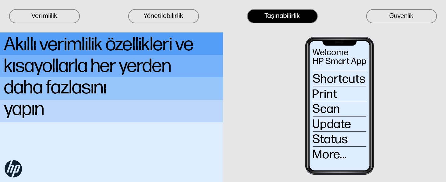 HP Smart App-Menü mit Optionen wie Shortcuts, Drucken, Scannen.