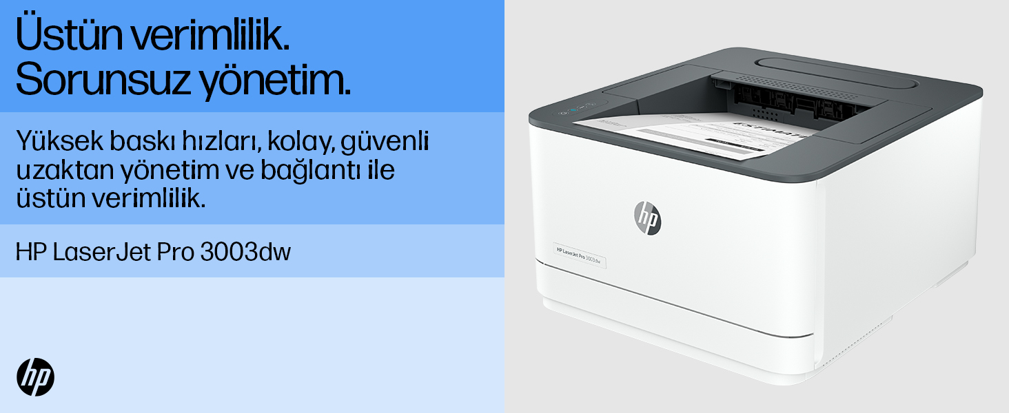 Een witte HP LaserJet Pro 3003dw printer met tekst aan de linkerkant.
