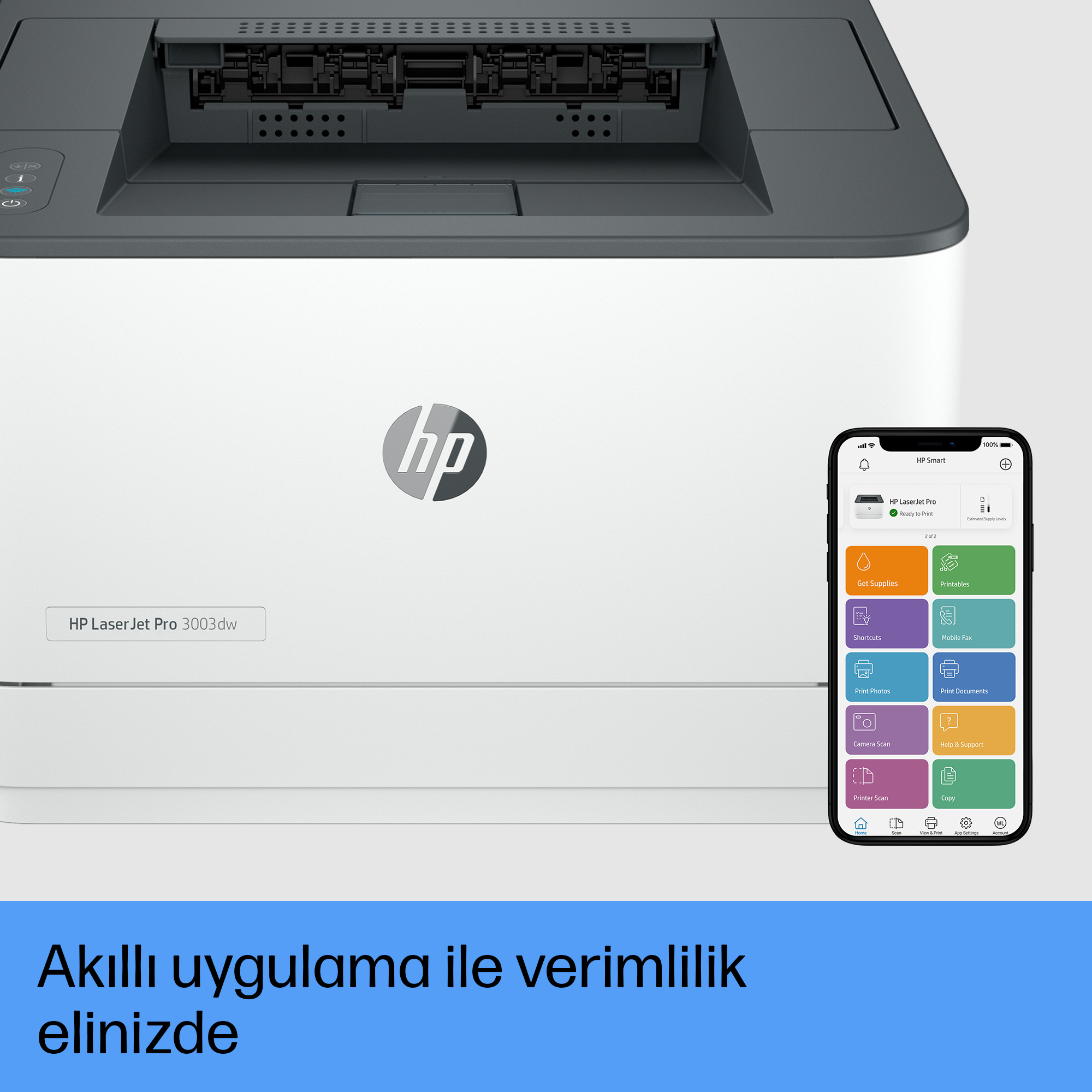 Uygulamalı HP yazıcı: Ön görünüm, akıllı telefon HP Smart uygulamasını gösteriyor.