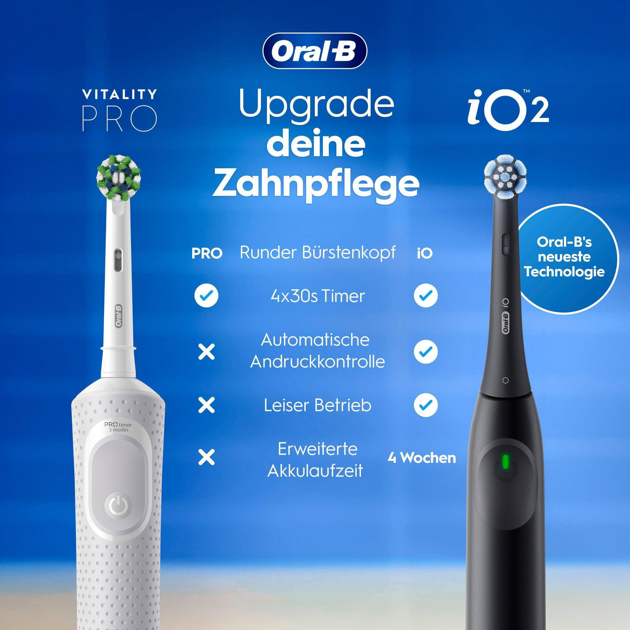 Deux brosses à dents Oral-B : Vitality Pro blanche et iO2 noire, avec fonctions.