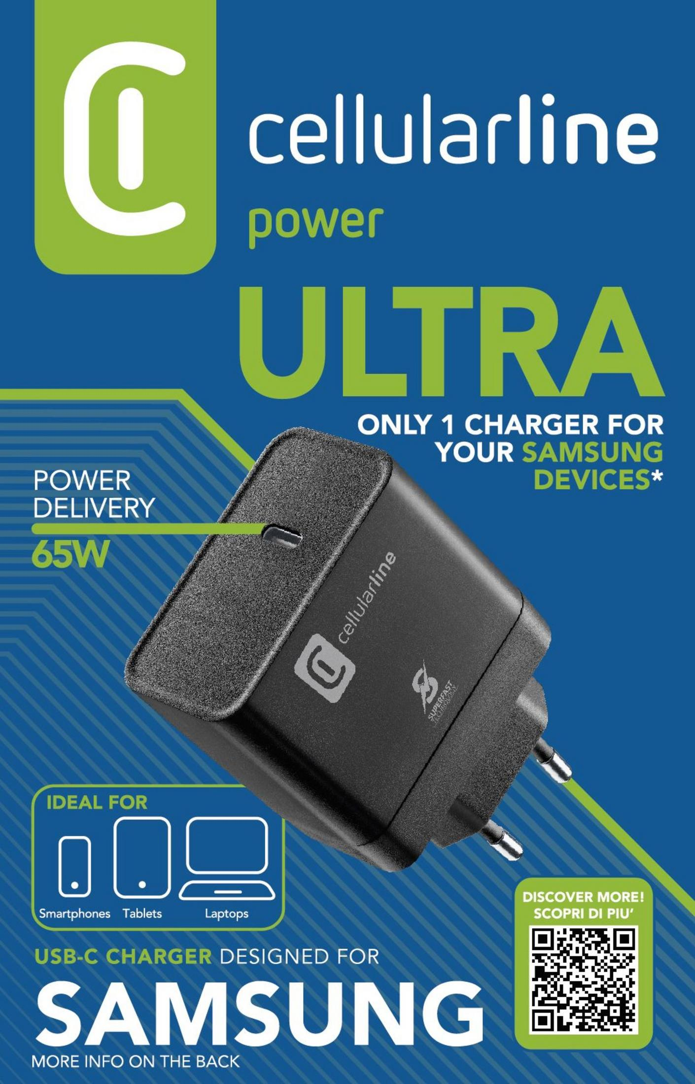 Cargador USB-C negro de Cellularline de 65W, ideal para dispositivos Samsung.