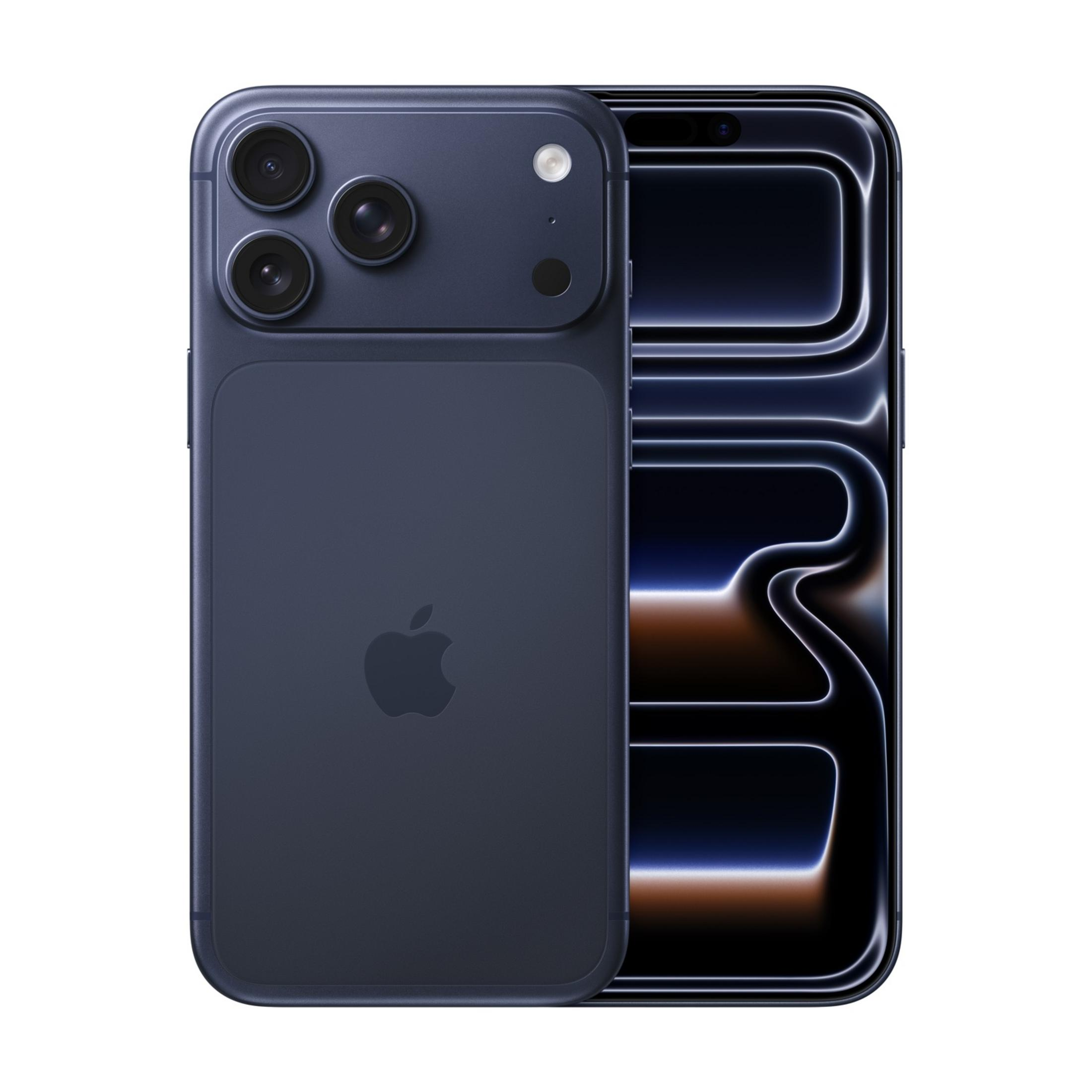 iPhone blu scuro con tre fotocamere e schermo illuminato.