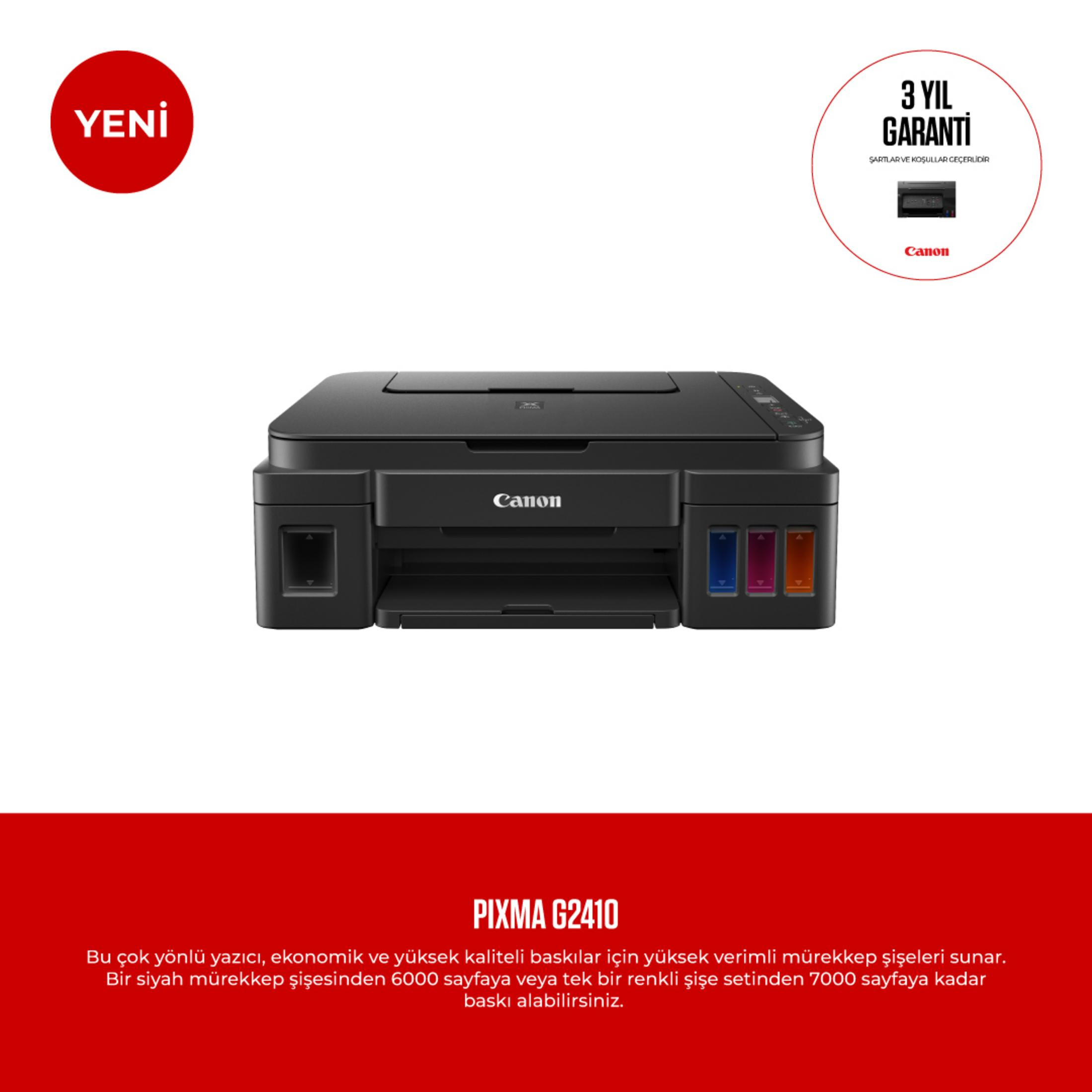 Viene visualizzata una stampante Canon Pixma G2410 nera con serbatoi d'inchiostro.