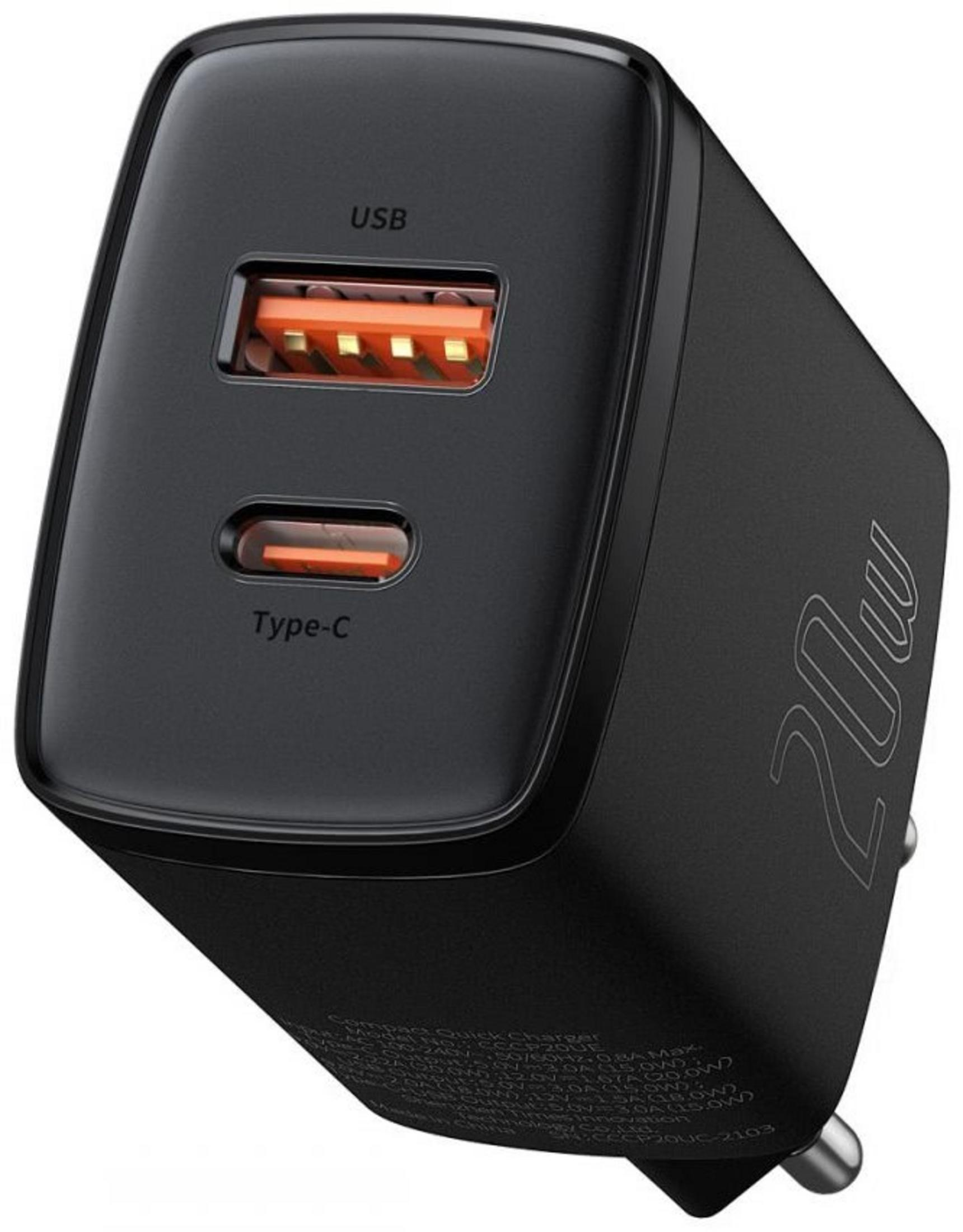 Schwarzer USB-C-Ladegerät mit zwei Anschlüssen: USB und USB-C.