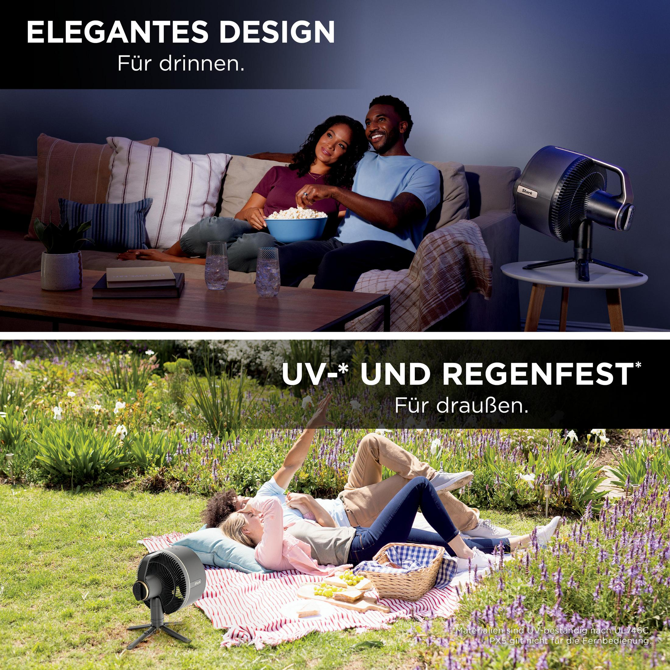 Paar schaut Fernsehen im Innenbereich und Paar macht Picknick im Freien mit Ventilator.