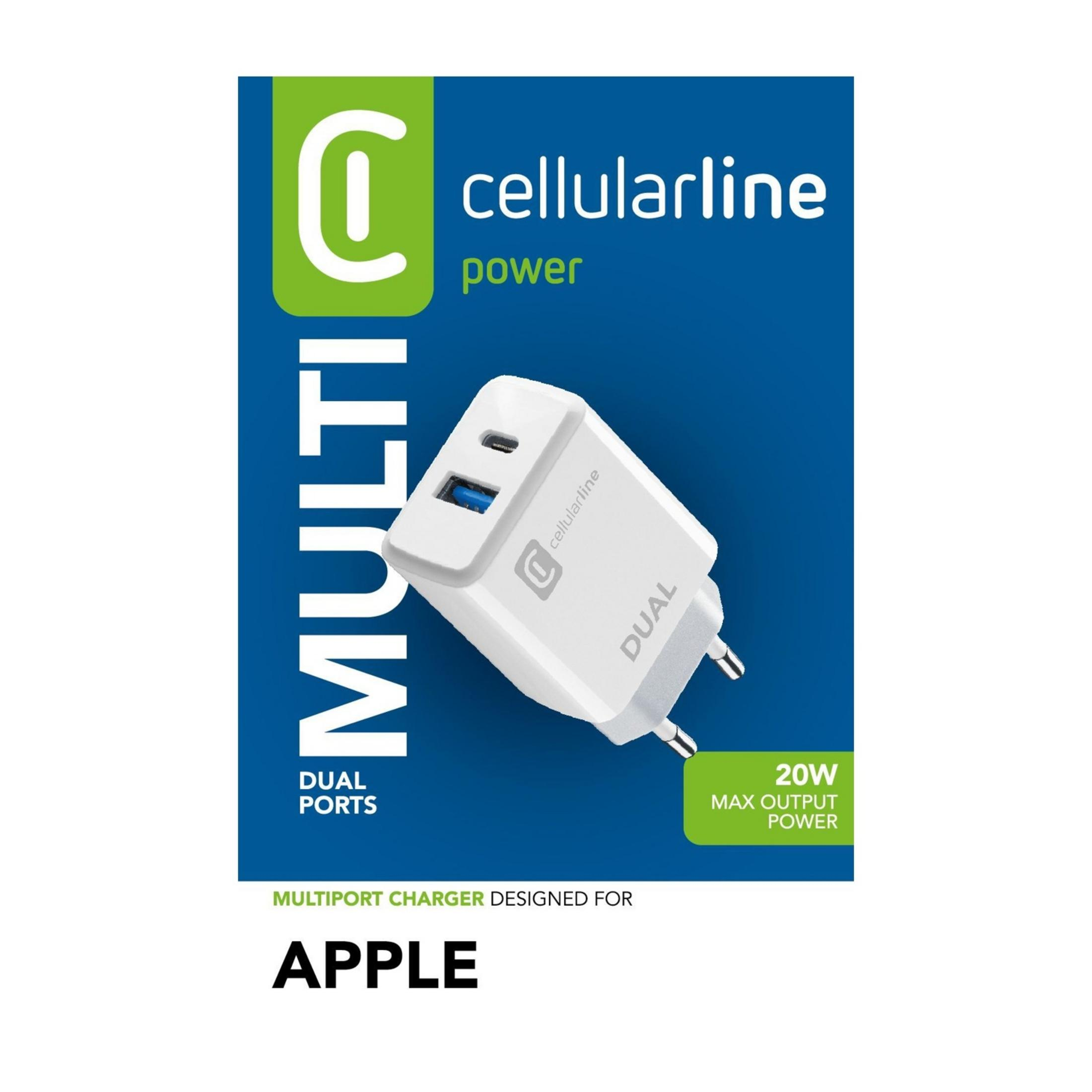 White dual-port charger by Cellularline with 20W max output power.