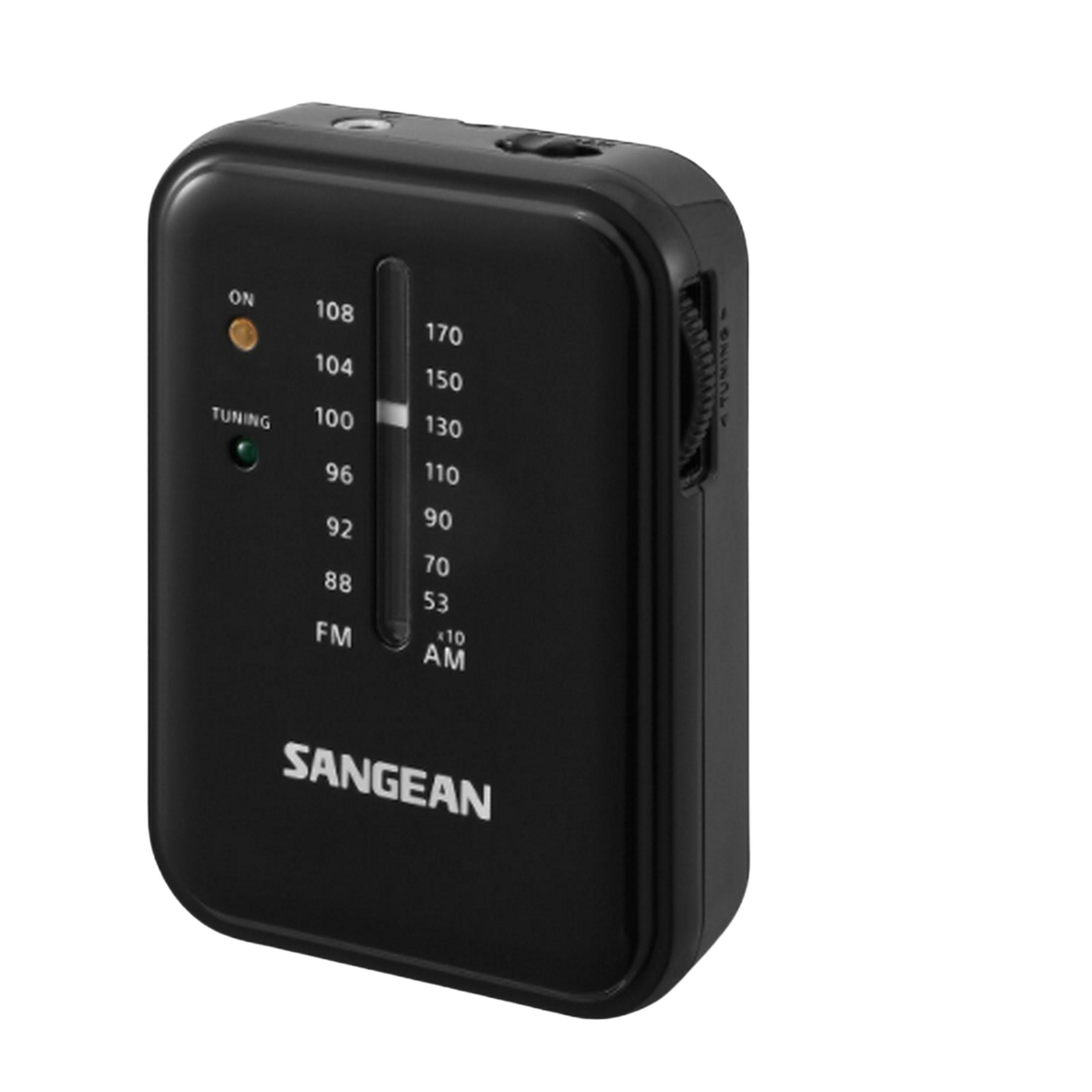 Schwarzer Sangean-Radio mit FM/AM-Skala und Tuning-Anzeige.