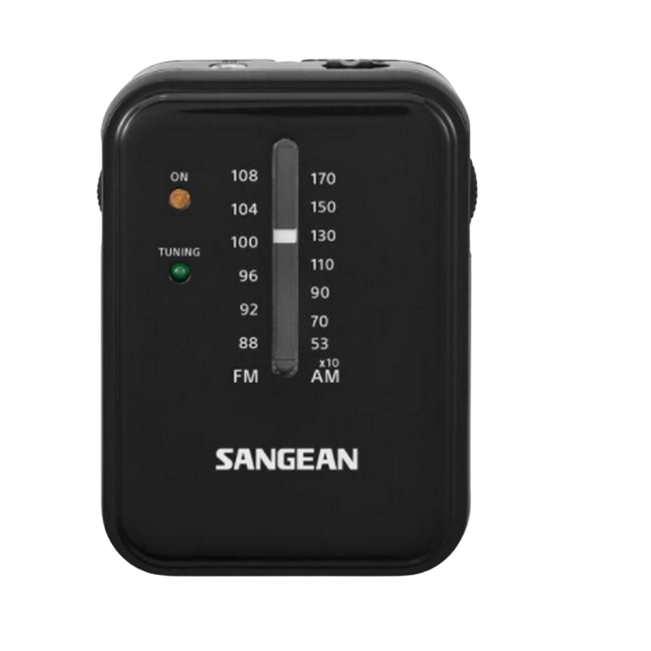 Schwarzer Sangean Radio mit FM/AM-Skala, ON- und Tuning-Anzeigen.