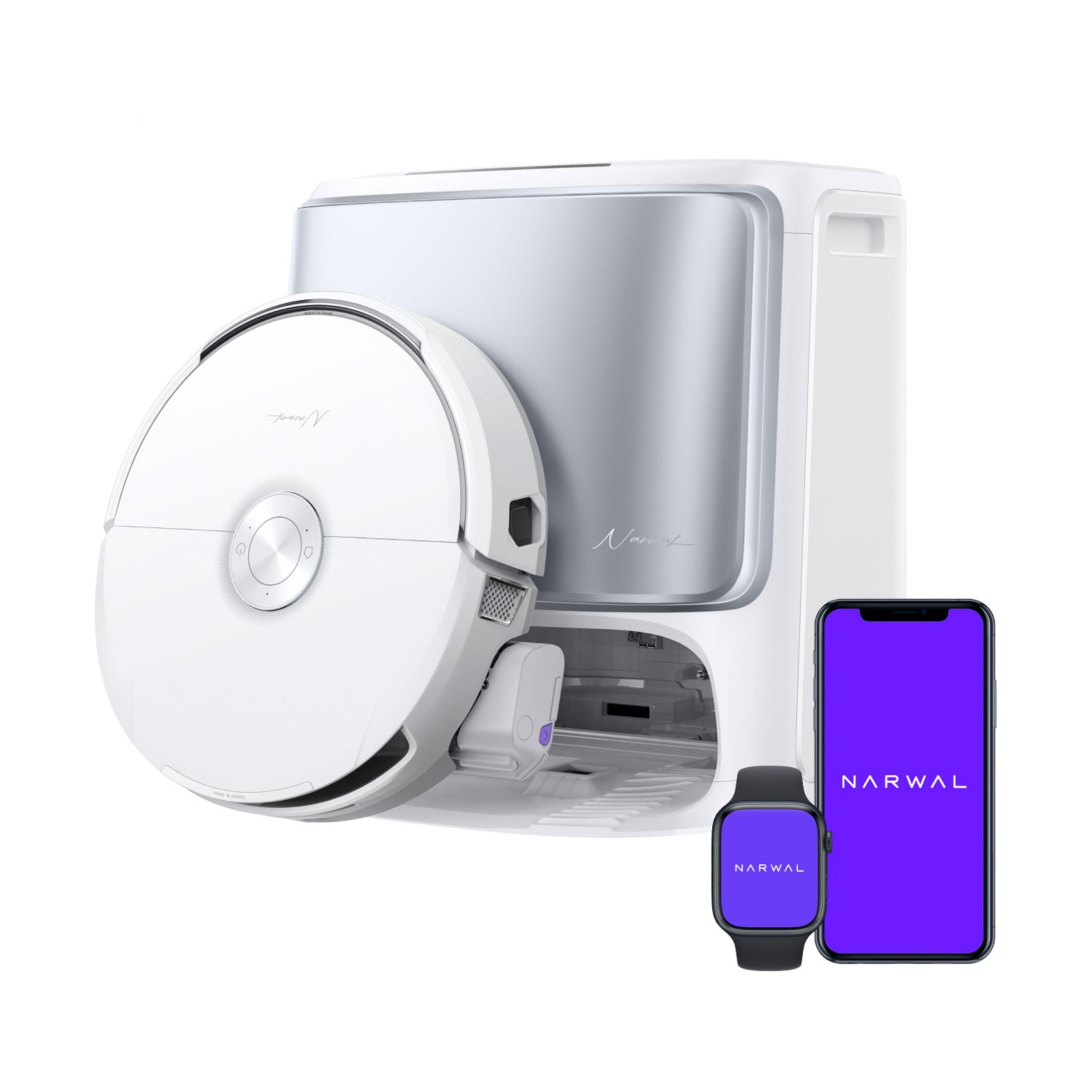 Ein weißer Saugroboter mit Dockingstation, Smartphone und Smartwatch.