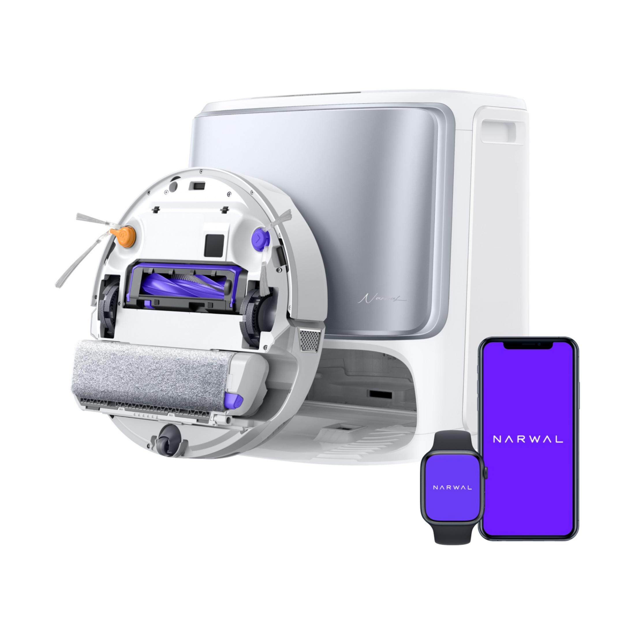 Ein Saugroboter mit Station, Smartphone und Smartwatch.
