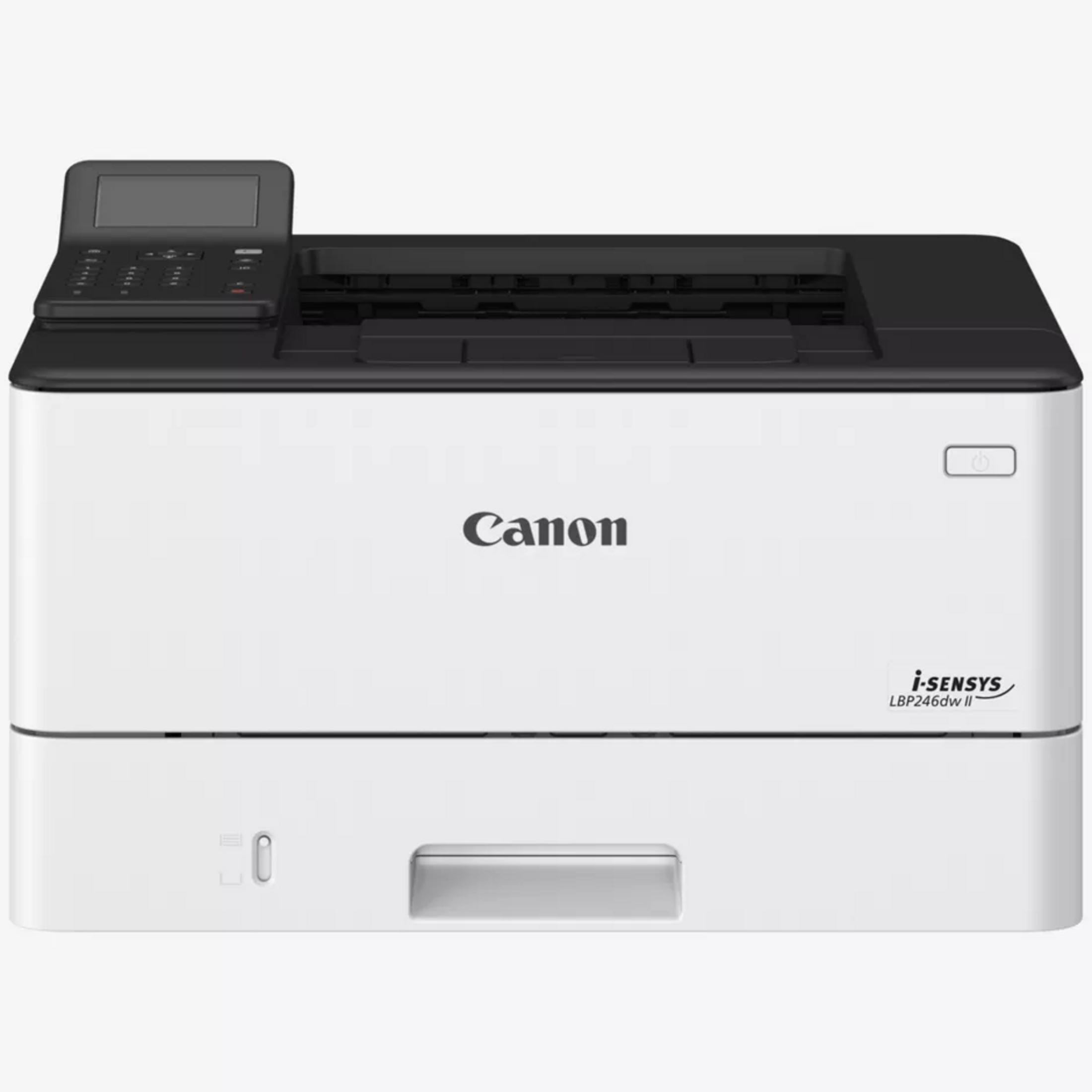 Ein weißer Canon i-SENSYS LBP246dw II Drucker mit schwarzem Bedienfeld und Display.