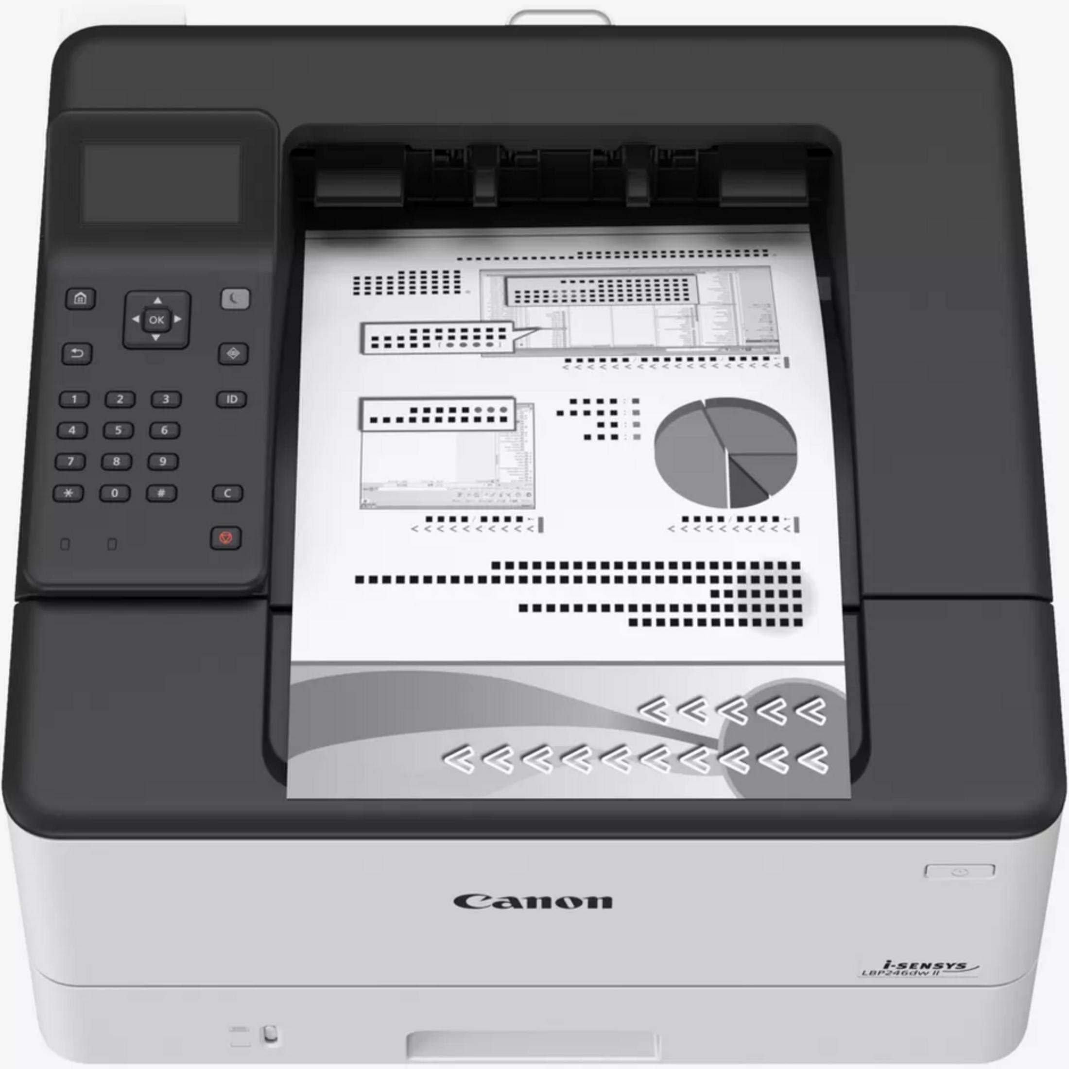 Ein Canon i-SENSYS LBP246dw II Drucker mit einem Dokument, das Diagramme und Text anzeigt.