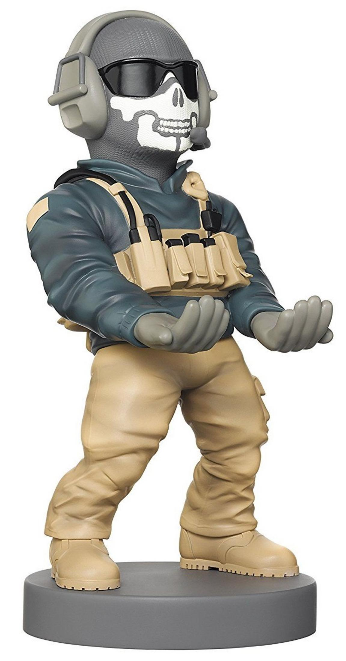 Eine Figur mit Totenkopfmaske, Kopfhörern und taktischer Ausrüstung.