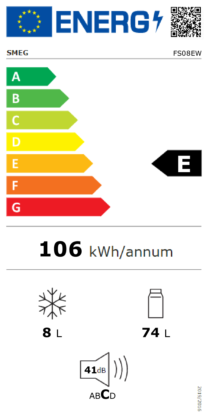Etiqueta energética SMEG FS08EW: Clase E, 106 kWh/año, congelador 8L, frigorífico 74L, 41dB.