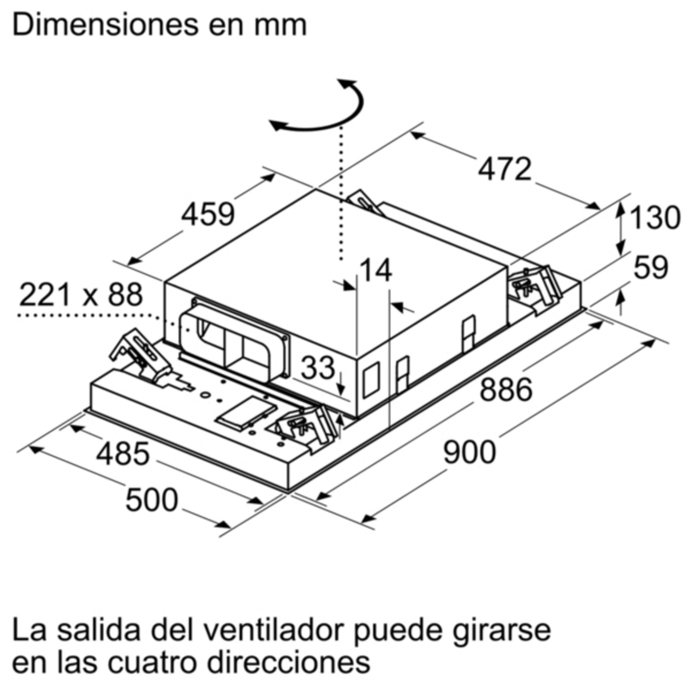 Dibujo técnico de un módulo de ventilador con dimensiones en mm y notas de orientación.