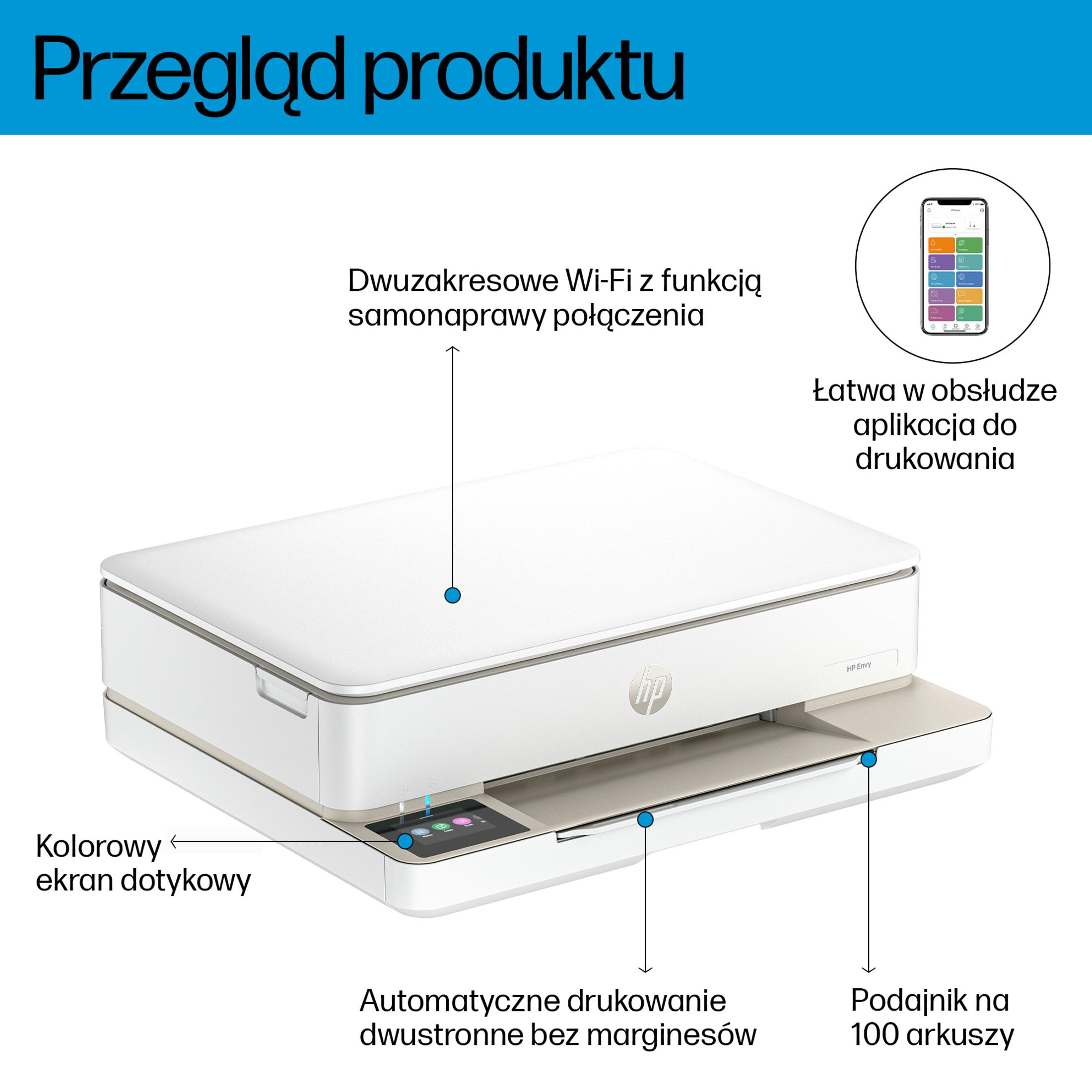 Een witte HP Envy printer met touchscreen, Wi-Fi en 100 vel capaciteit.