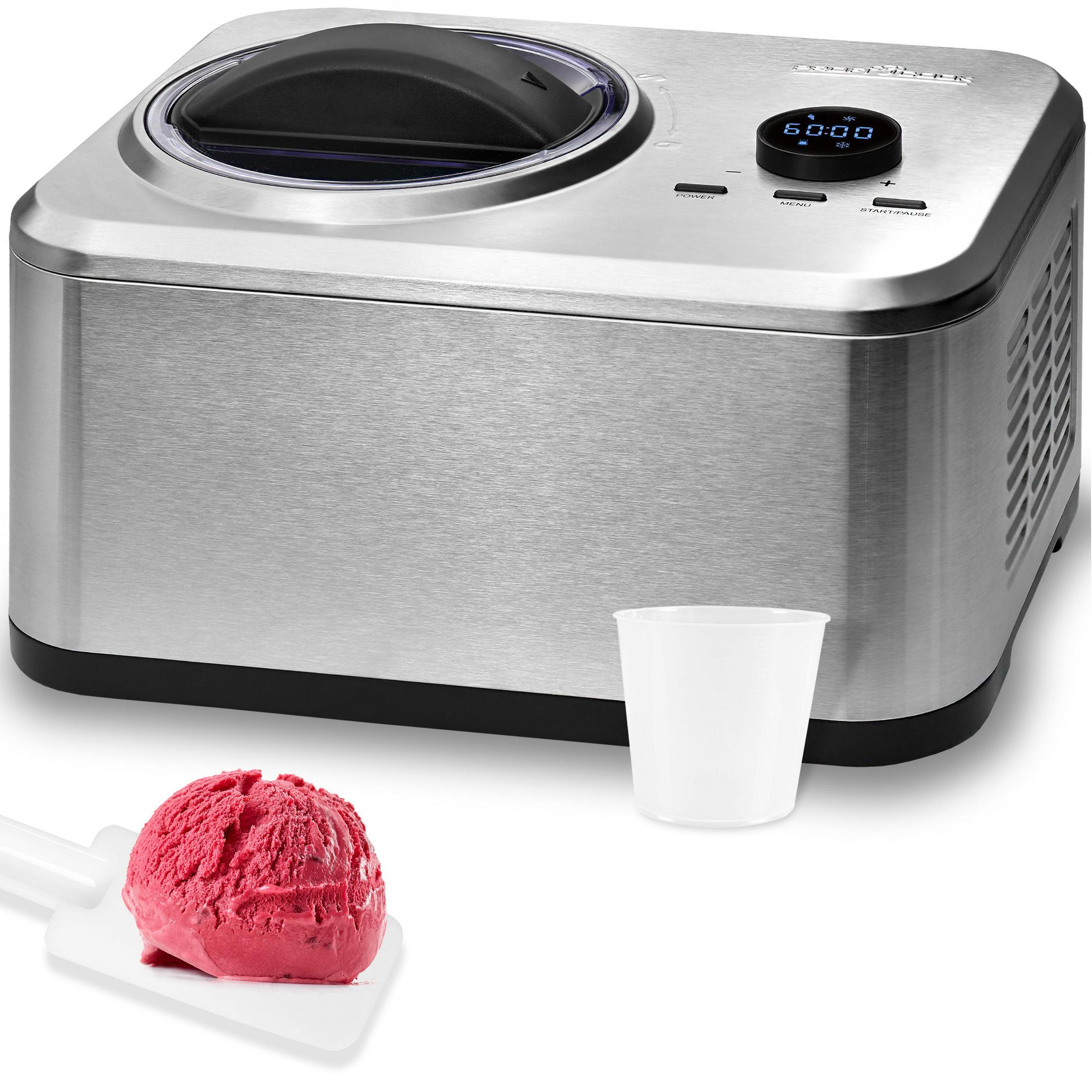 Una gelatiera argentata con un cono di gelato rosso e una tazza bianca.