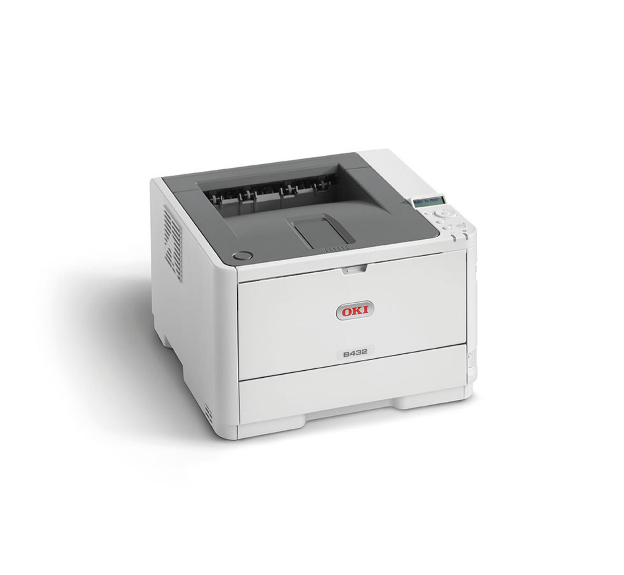 Ein weißer OKI B432 Laserdrucker mit grauer Oberseite steht auf einem weißen Hintergrund.